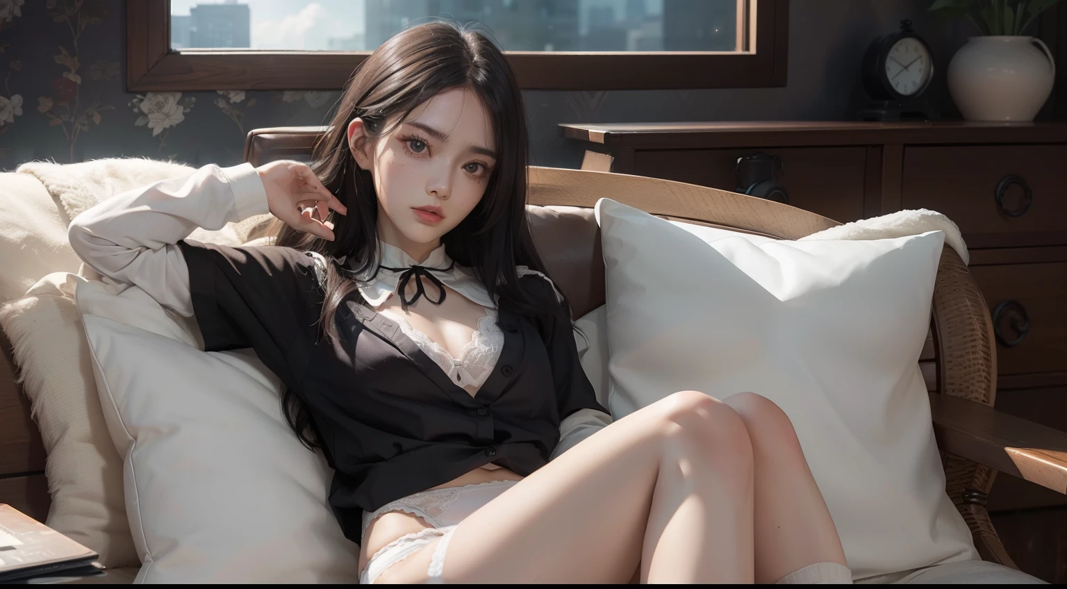 (Hyper-realistic), (Illustration), (High resolution), (8K), (Extremely detailed), (Best Illustration), Yol ( chain saw man ), (Beautiful detailed eyes), (Best Quality), (Ultra-detailed), (masutepiece), (Wallpaper), (Detailed face), Solo, Upper body, Focus on Face, 1 girl, Long Black Hair, Korean, Thin eyeshadow, A detailed eye, Brown eyes, Small moles under the eyes, very slender legs,Please wear a long-sleeved shirt..., Neckbow, Small breasts,Smaller chest,Black knee socks, Dynamic Pose, low illuminance, Night, Dark, Clouds, a dark night,sit on sofa,Happy,White panty,White bra,