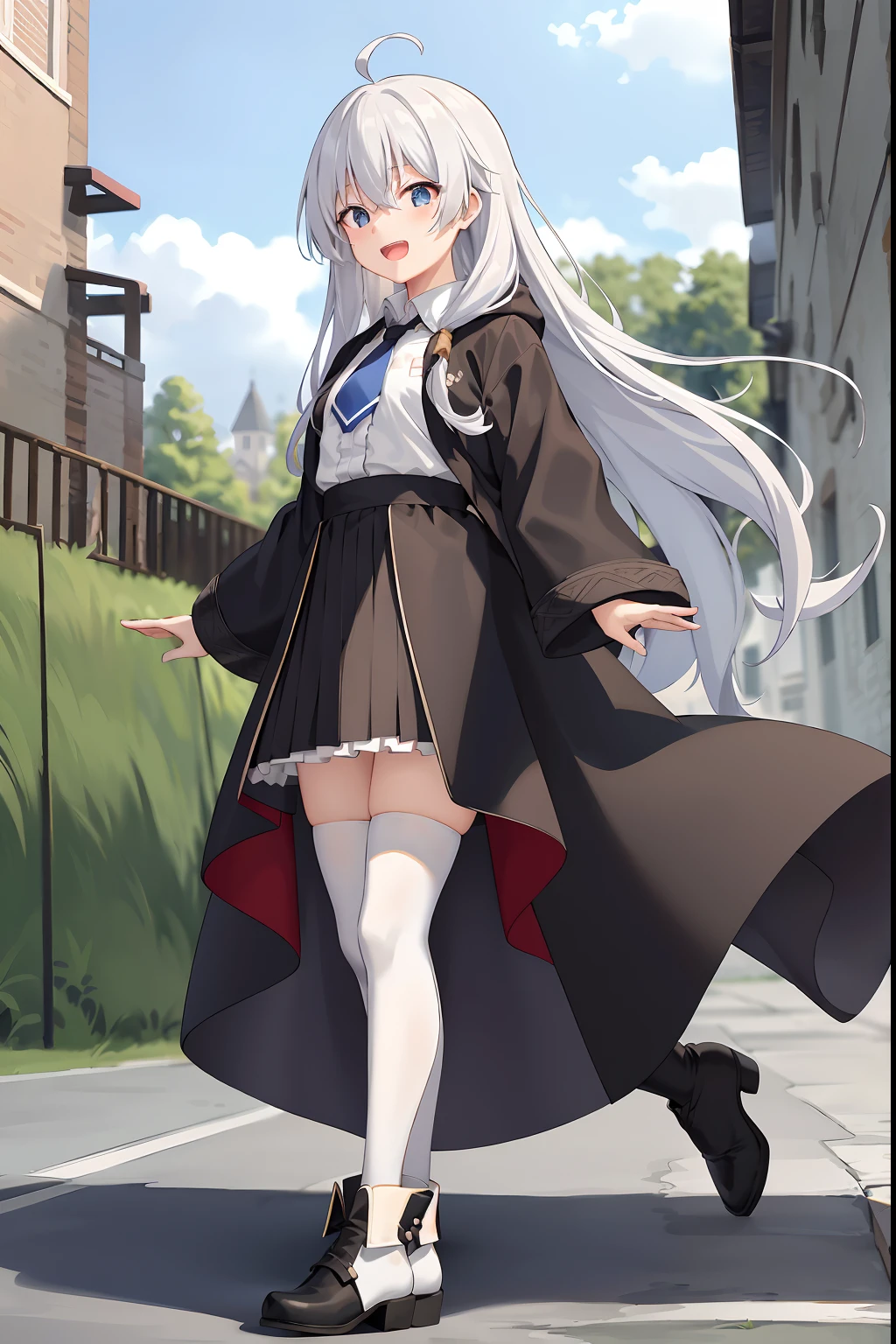 (masterpiece, best quality, highres),
elaina, solo, short skirt, white legwear, shirt, smile, long hair, open mouth, sky, white shirt, thighhighs, blue necktie, looking at viewer, :d, long sleeves, boots, white thighhighs, upper teeth only, cloak, brown skirt, water drop, cloud, high heels, black footwear, frills, braid, outdoors, high-waist skirt, collared shirt, robe, black robe, open robe