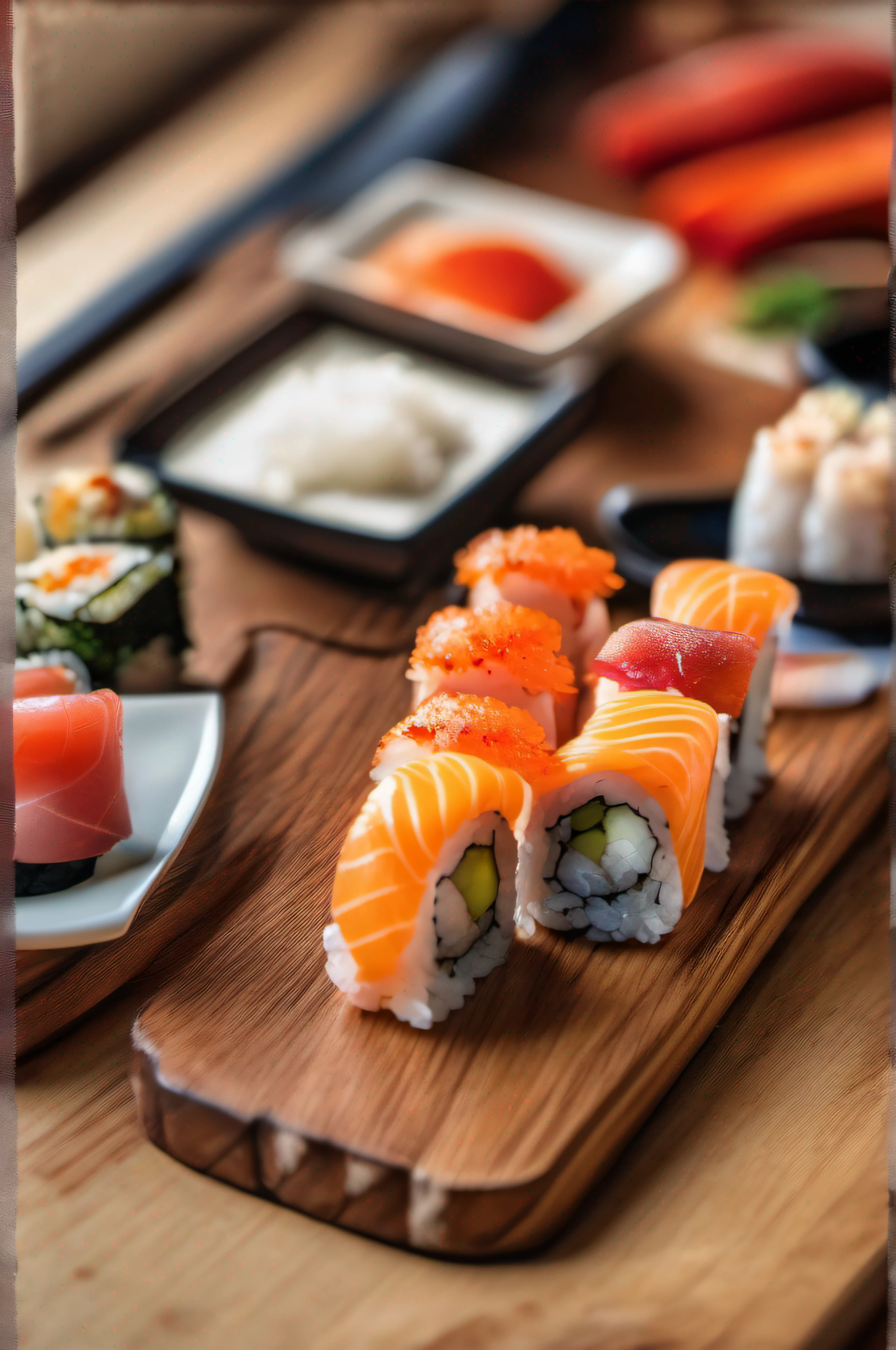 A delicious sushi on a wooden board, saboroso, foto promocional, detalhes intrincados, hdr, cinemactic, adobe lightroom, altamente detalhado