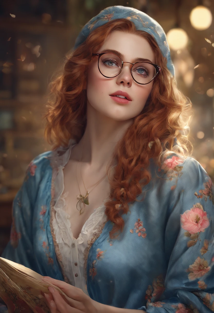 (highres,realistic) A smart nerdy girl with beautiful blue eyes, vibrant red hair, and cute freckles captures attention with her stylish glasses. She gently holds a delicate rose in her hand, its petals blooming in vivid colors. Balanced carefully on top of her head, a book rests with precision, each page filled with knowledge waiting to be discovered. Impeccably applied makeup enhances her natural beauty, accentuating her features. She exudes an aura of intelligence and confidence as her captivating gaze meets yours. The scene is set in a softly lit room, casting a warm glow on her youthful face. Surrounding her, tranquil shades of blue and green create a serene atmosphere, elevating the essence of her unique charm.