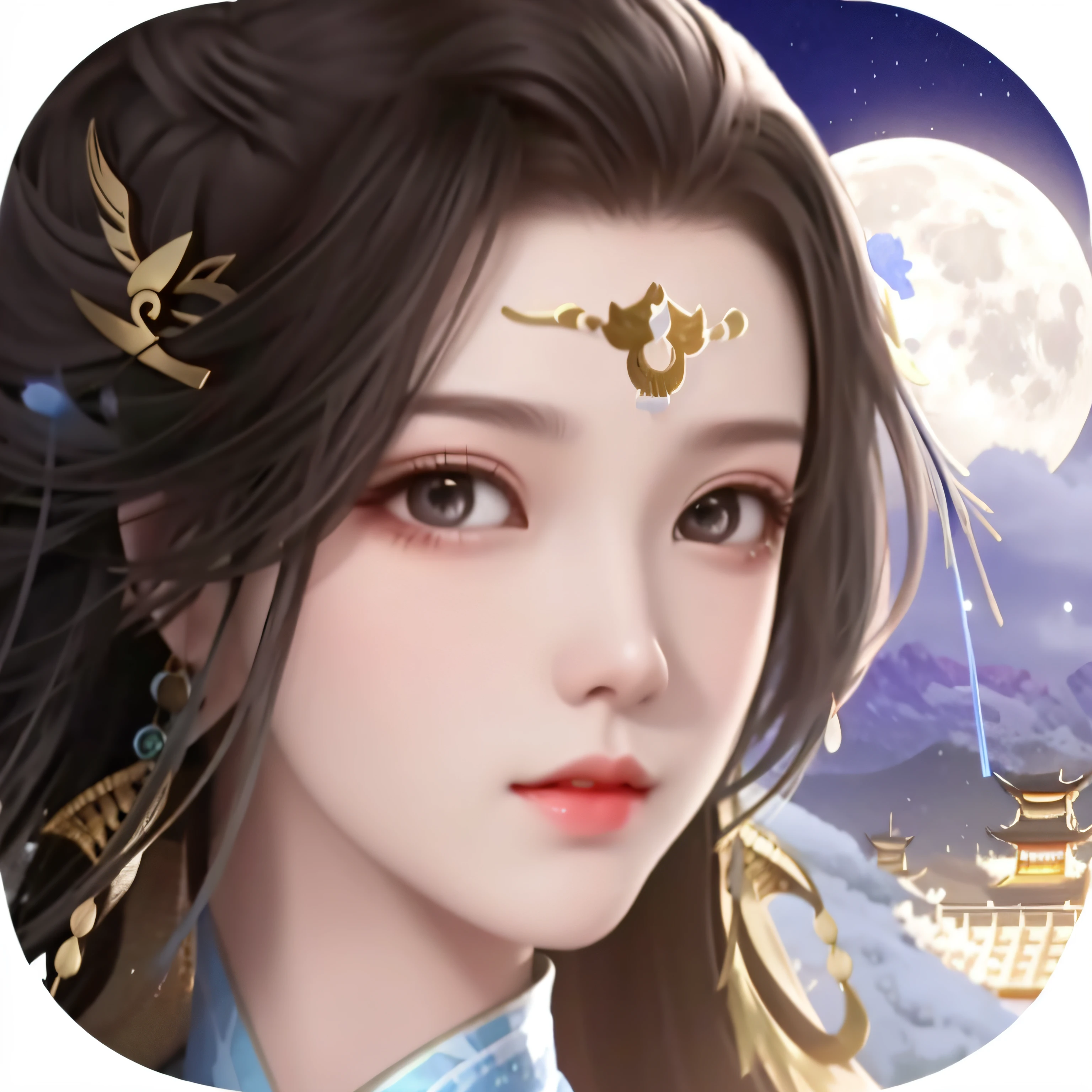 A close-up of a woman,The background is the moon, inspired by Luo Mu, inspired by Wu Bin, inspired by Park Hua, xianxia fantasy, Inspired by Huang Ji, inspired by Li Mei-shu, xianxia hero, inspired by Hua Yan, Beautiful celestial mage, inspired by Zhao Zuo, Chinese fantasy, Inspired by Qiu Ying
