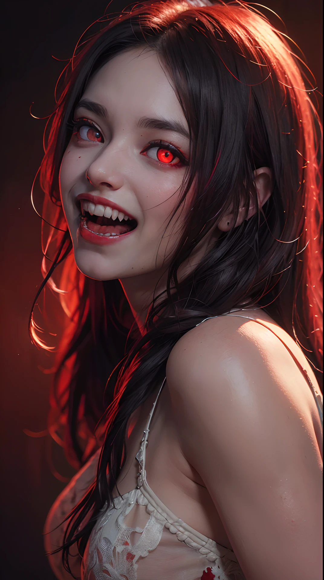 (best quality,4k,8k,highres,masterpiece:1.2), ultra-detailed, (realistic,photorealistic,photo-realistic:1.37), (vampire:1.37), studio lighting, physically-based rendering, vivid colors, (glowing red eyes:1.5), (laughing like a madman with his mouth wide open, double tooth:1.2),
