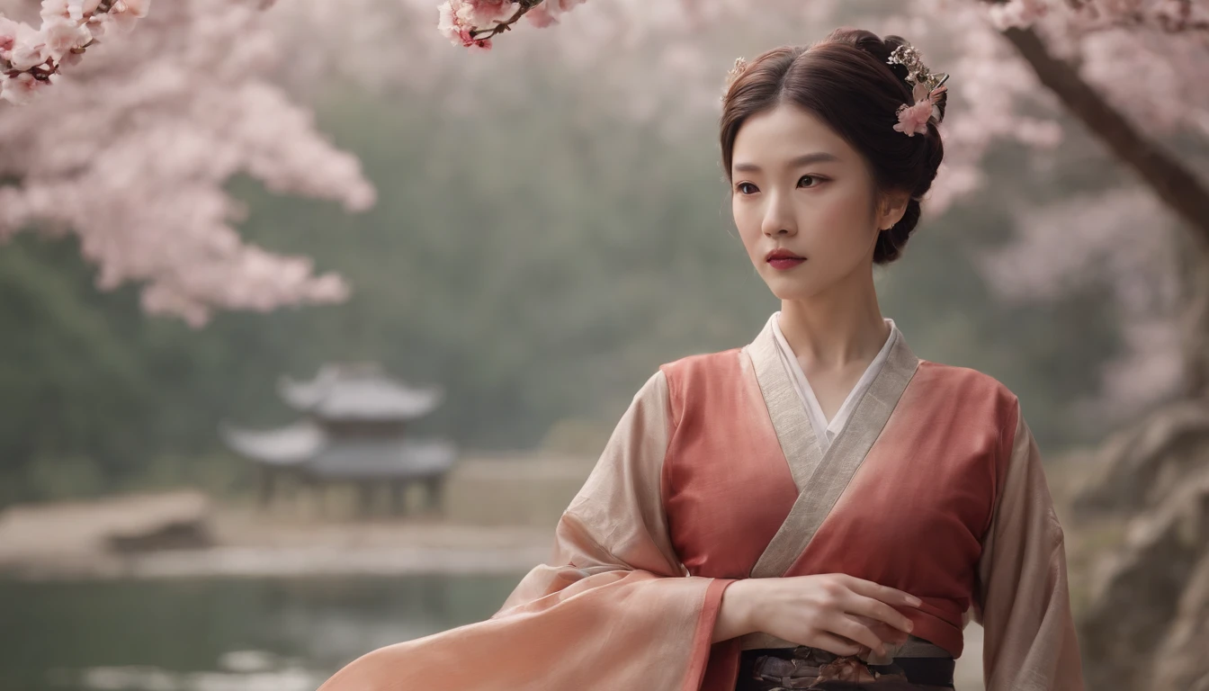A masterpiece of Kocho Shinobu with extreme detail and high resolution, Beautiful and deadly demon killer in dynamic action. Emphasize the intricate details of her butterfly-themed outfit and the ferocious expression on her face. Set the scene to dusk, The background is a tranquil pond and cherry blossom petals. The use of rich colors and volumetric light creates an ethereal sense of beauty and power.
