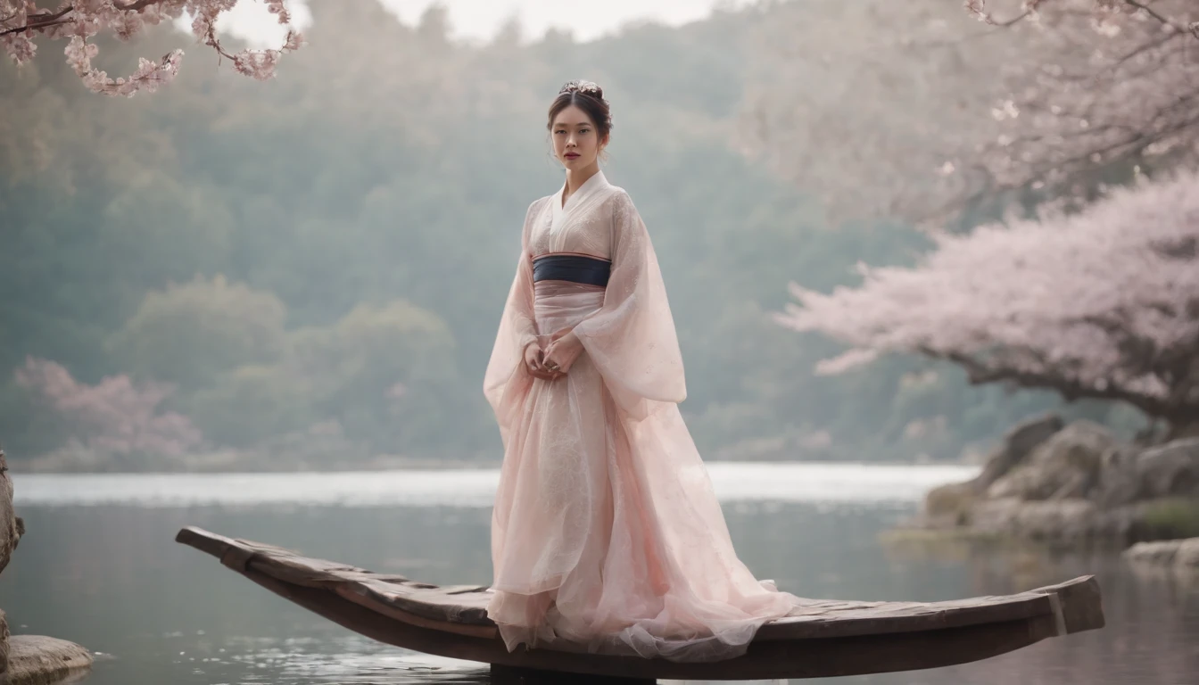 A masterpiece of Kocho Shinobu with extreme detail and high resolution, Beautiful and deadly demon killer in dynamic action. Emphasize the intricate details of her butterfly-themed outfit and the ferocious expression on her face. Set the scene to dusk, The background is a tranquil pond and cherry blossom petals. The use of rich colors and volumetric light creates an ethereal sense of beauty and power.