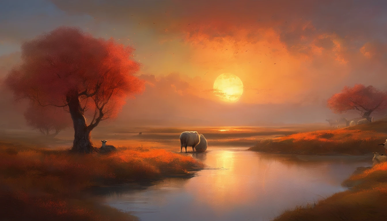 The wetland in the evening, winter, snowing, watering holes,sheeps,the water glistening, grazing cows and sheep, shrouded in the afterglow of the setting sun, the huge golden-red sun in the distant clouds, faintly discernible, filled with a mysterious atmosphere, (((no tree)),oli texture, by Brent Cotton