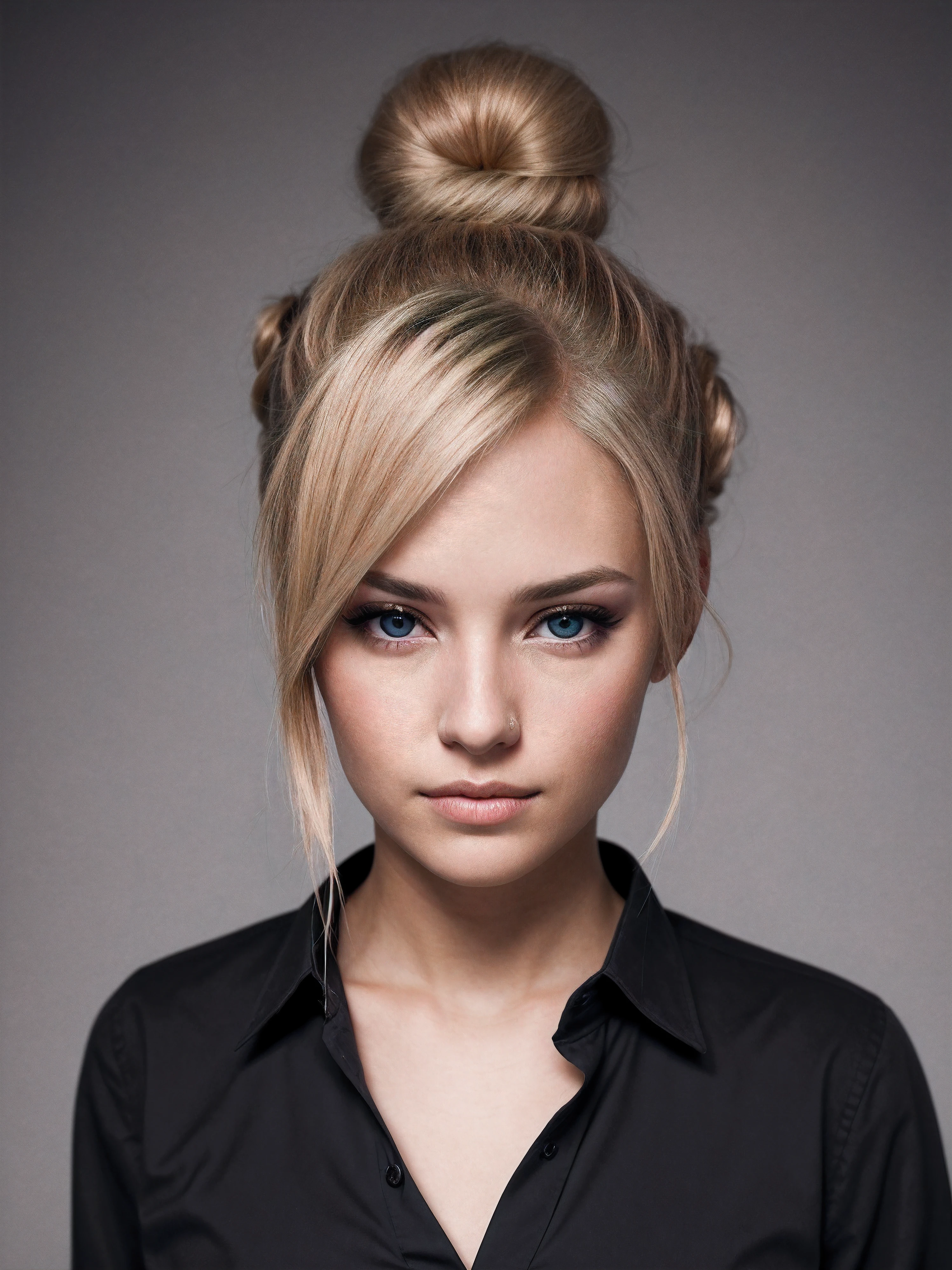 an eye contact of a blond with bun hair and dark theme