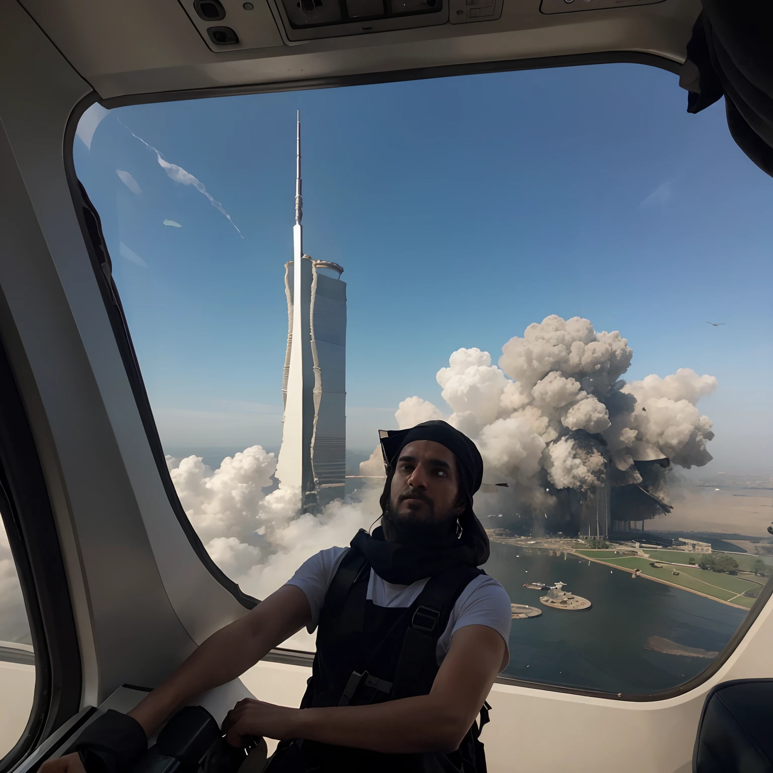 A terrorist taking a selfie on a plane that is crashing into the twin towers