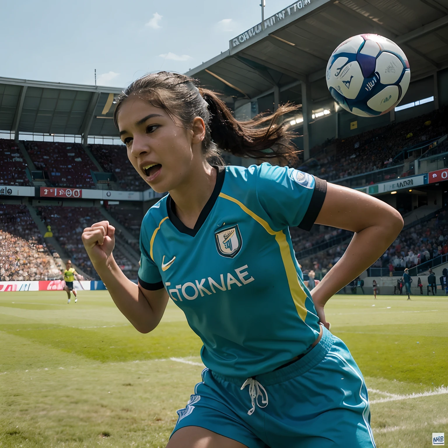 Delfina Suarez, girl, beautiful, 12-year-old, Uruguay, football player, vibrant color palette, lively atmosphere, dynamic motion, detailed facial features, intense soccer match, elegant ponytail, focused expression, athletic build, professional quality, vivid colors, action-packed scene, powerful kicks, flying soccer ball, energetic crowd, fast-paced game, adrenaline rush, winning goal, competitive spirit, passionate players, inspiring sportsmanship, national pride, sunny weather, vibrant green grass, stadium lights, excitement and celebration, intense competition, dramatic moments, determined spirit, teamwork, precision passes, dramatic saves, skillful dribbling, strategic tactics, challenging opponents, enthusiastic fans, cheering and chanting, exhilarating victory, proud and determined Delfina, unforgettable match.