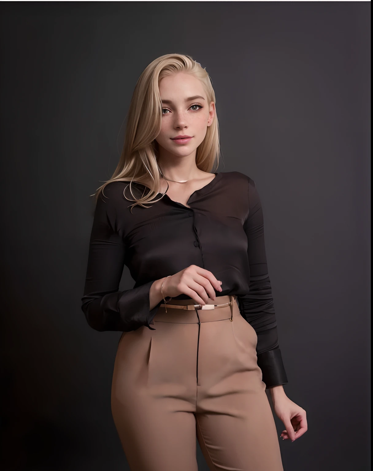 Rosto de uma mulher, americana, 25 anos, pale skin and freckles, olhos cinzas, nariz delicado, soft and delicate lips, cabelo blondie cinza longo e ondulados, sorriso meigo