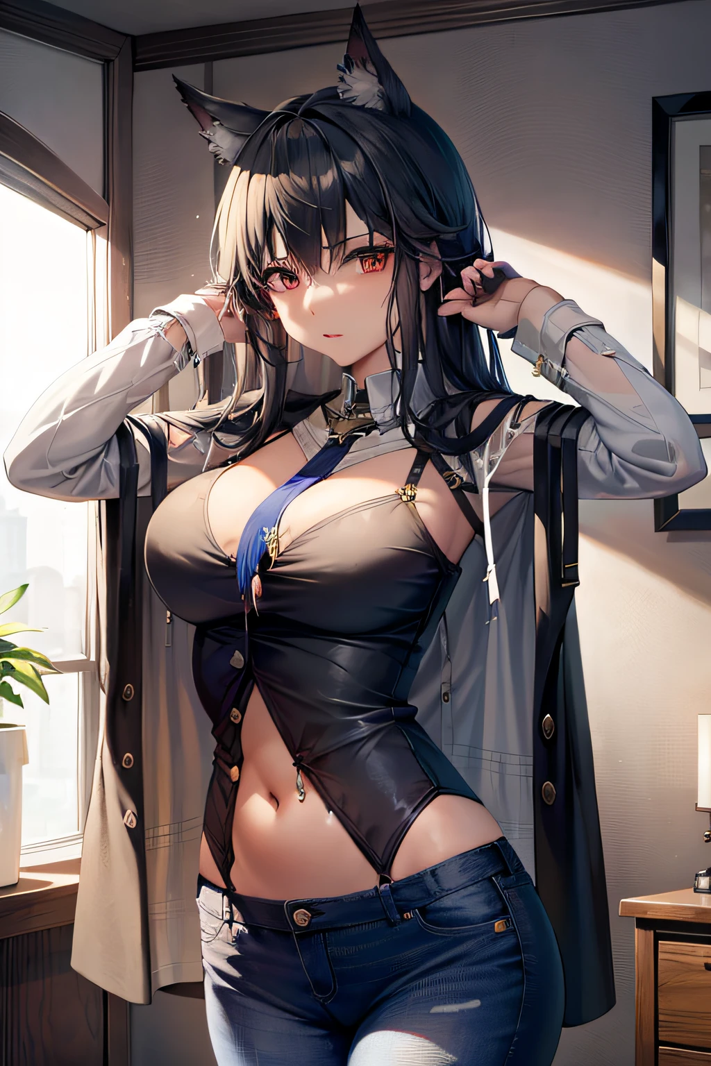 Rooms without sunlight、Interior without windows、Natural lighting、infp young woman、Front image from the top of the head to the thigh、 Blouse with unbuttoned top、Low-rise jeans underneath、Slimed、Nostrils are not pointing upwards、Thin, sinewy nose、Slender eyes、 Slightly dark-skinned、thin lipss、the navel is clearly visible、The navel does not hide in jeans、Makeup is light、The model does not receive sunlight、Keep your eyes too far apart、