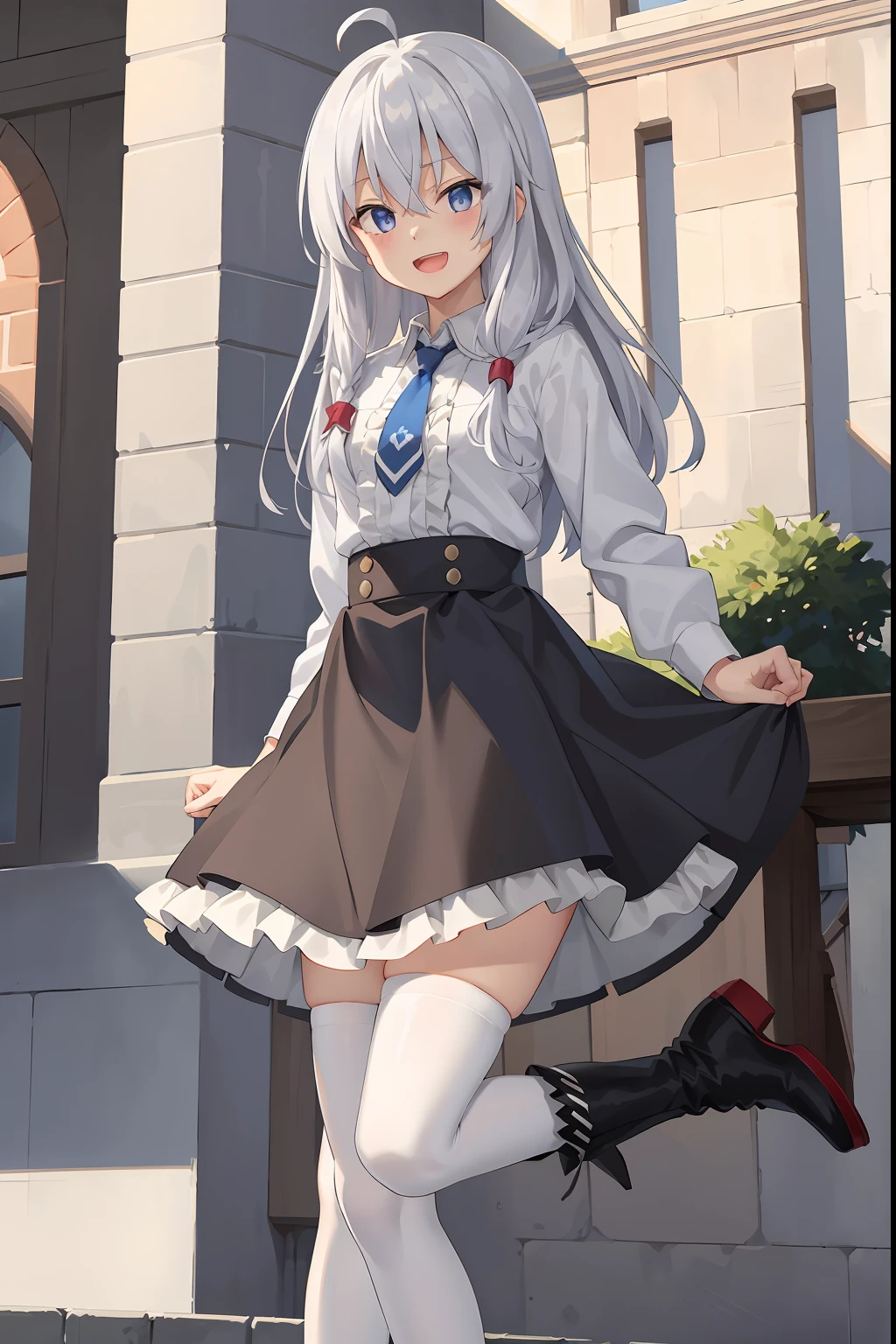 (masterpiece, best quality, highres),
elaina, solo, short skirt, white legwear, shirt, smile, long hair, open mouth, sky, white shirt, thighhighs, blue necktie, looking at viewer, :d, , boots, white thighhighs, upper teeth only, cloak, brown skirt, water drop, cloud, high heels, black footwear, frills, braid, outdoors, high-waist skirt, collared shirt,