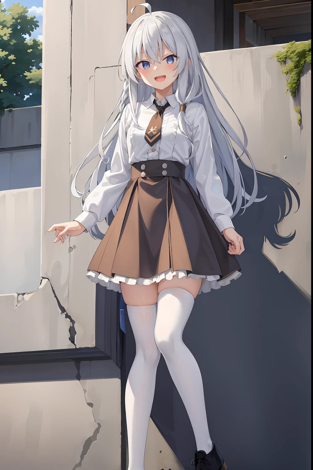 (masterpiece, best quality, highres),
elaina, solo, short skirt, white legwear, shirt, smile, long hair, open mouth, sky, white shirt, thighhighs, blue necktie, looking at viewer, :d, , boots, white thighhighs, upper teeth only, cloak, brown skirt, water drop, cloud, high heels, black footwear, frills, braid, outdoors, high-waist skirt, collared shirt,