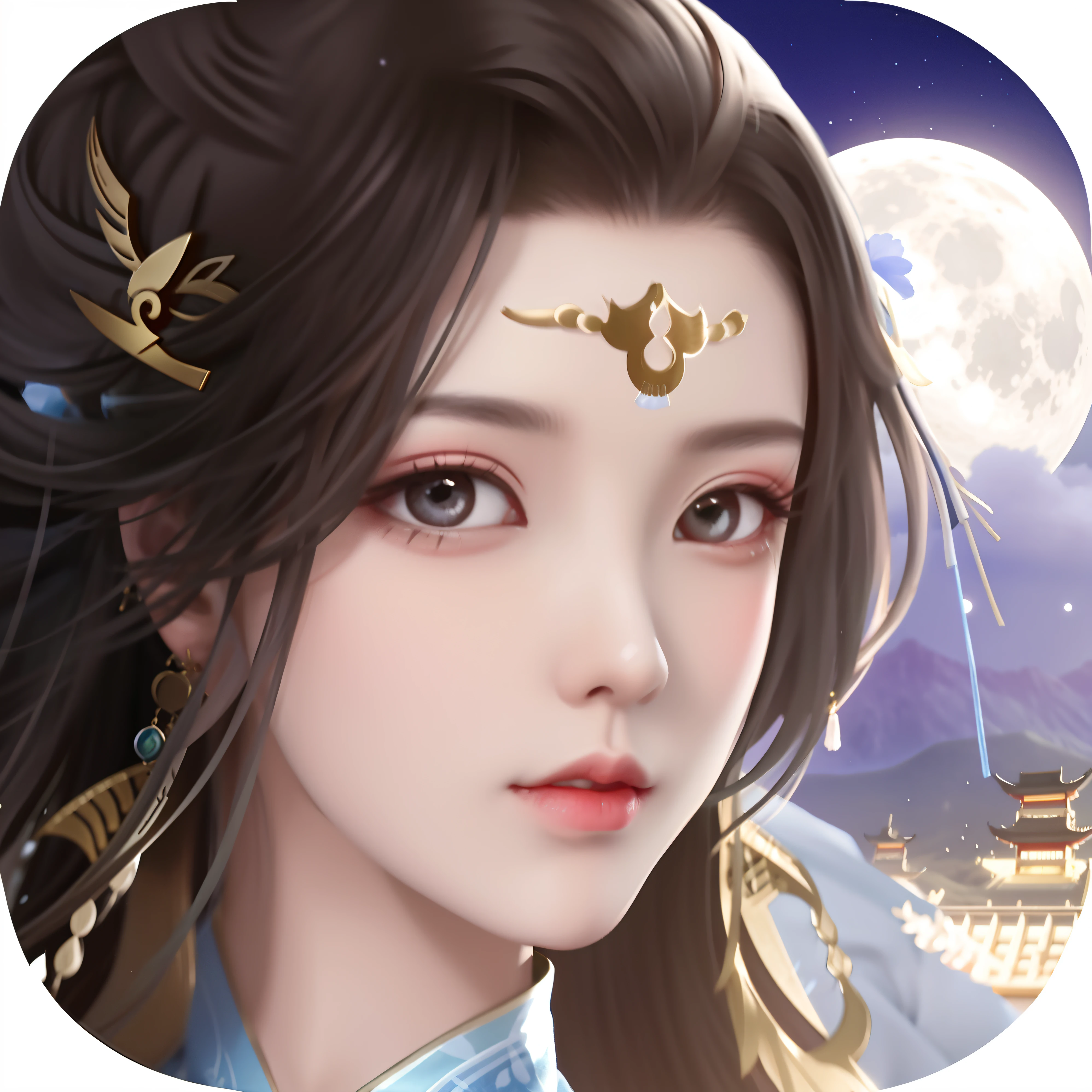 A close-up of a woman,The background is the moon, inspired by Luo Mu, inspired by Wu Bin, inspired by Park Hua, xianxia fantasy, Inspired by Huang Ji, inspired by Li Mei-shu, xianxia hero, inspired by Hua Yan, Beautiful celestial mage, inspired by Zhao Zuo, Chinese fantasy, Inspired by Qiu Ying
