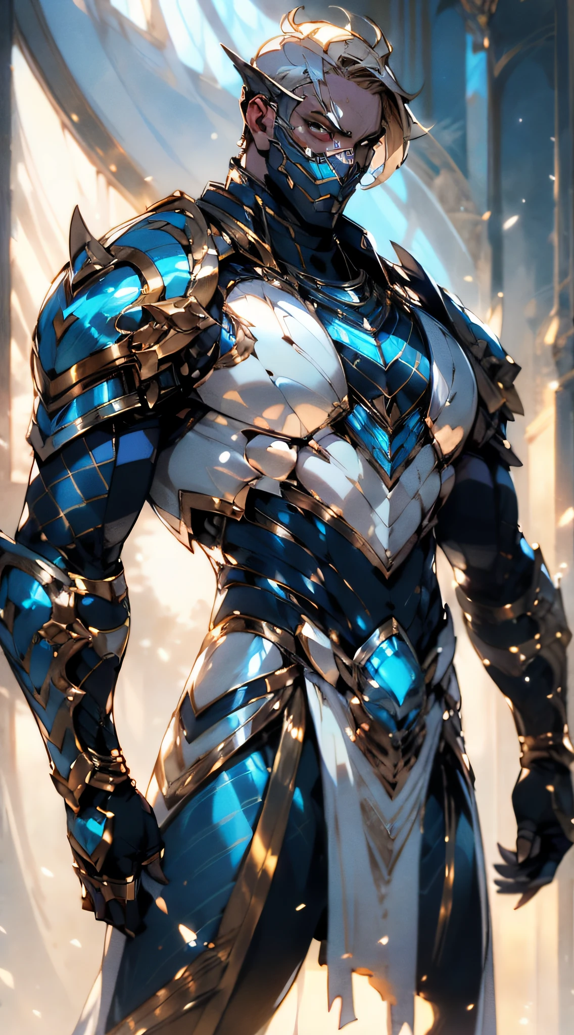 A man with short blond hair, wearing a mask designed like a beetle, a base undershirt primarily white with golden stripes, topped with a chest plate in indigo blue designed to resemble insects, his arms and legs are similarly armored, this character embodies a finely crafted fantasy-style masked light armor warrior design in anime, characterized by a sophisticated and mature manga art style, ((character concept art)), full body character drawing, high definition, best quality, ultra-detailed, extremely delicate, anatomically correct, symmetrical face, extremely detailed eyes and face, high quality eyes, creativity, RAW photo, UHD, 16k, (Natural light, cinematic lighting, masterpiece:1.5)