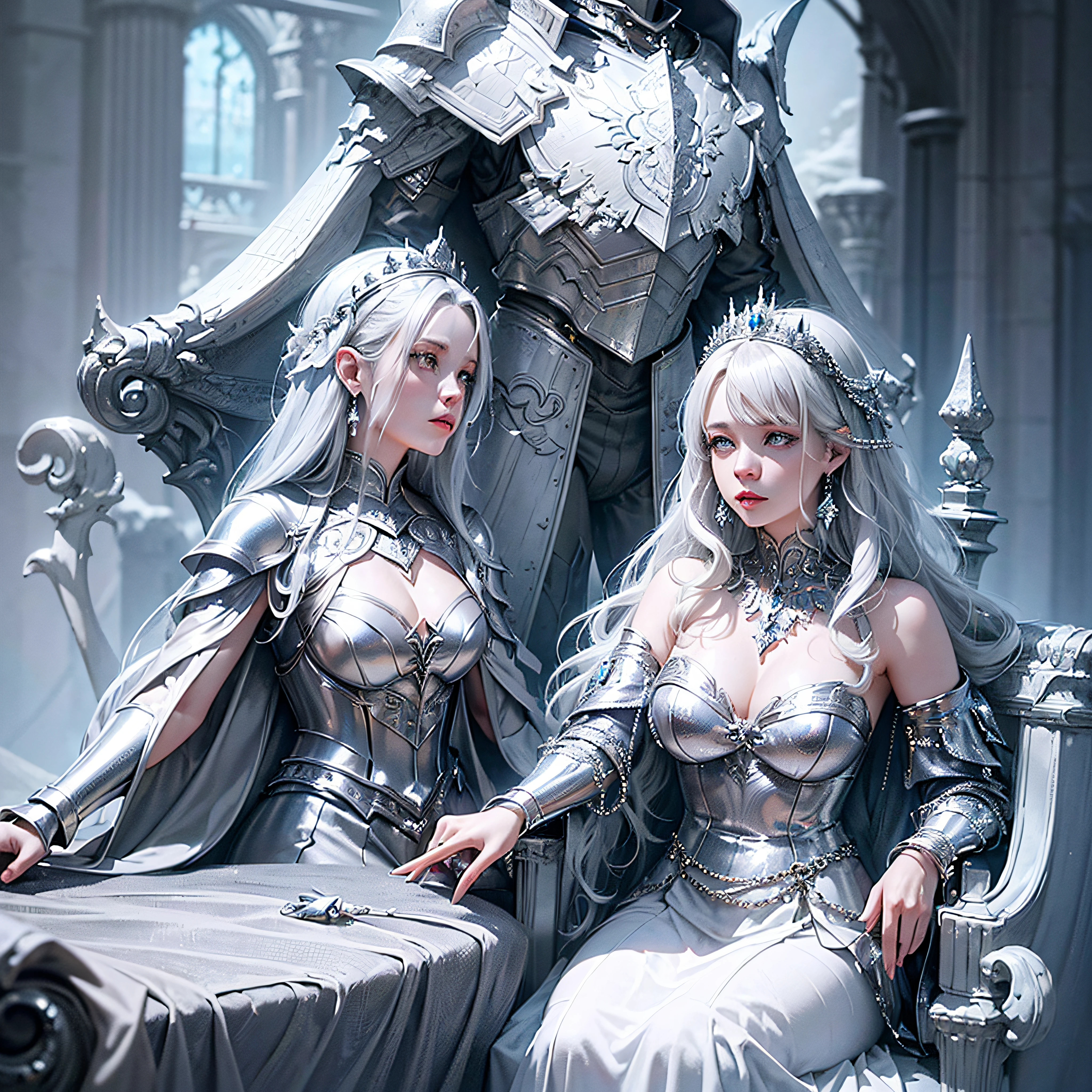 one young attractive women dressed in silver armor, glittery and shiny, silver earring, silver with blue tones jewelry, white hair, beautiful fantasy world cathedral in background, elegant cinematic fantasy art, uhd image, one girl sitting on a white-silver victorian age throne adorned incrystals