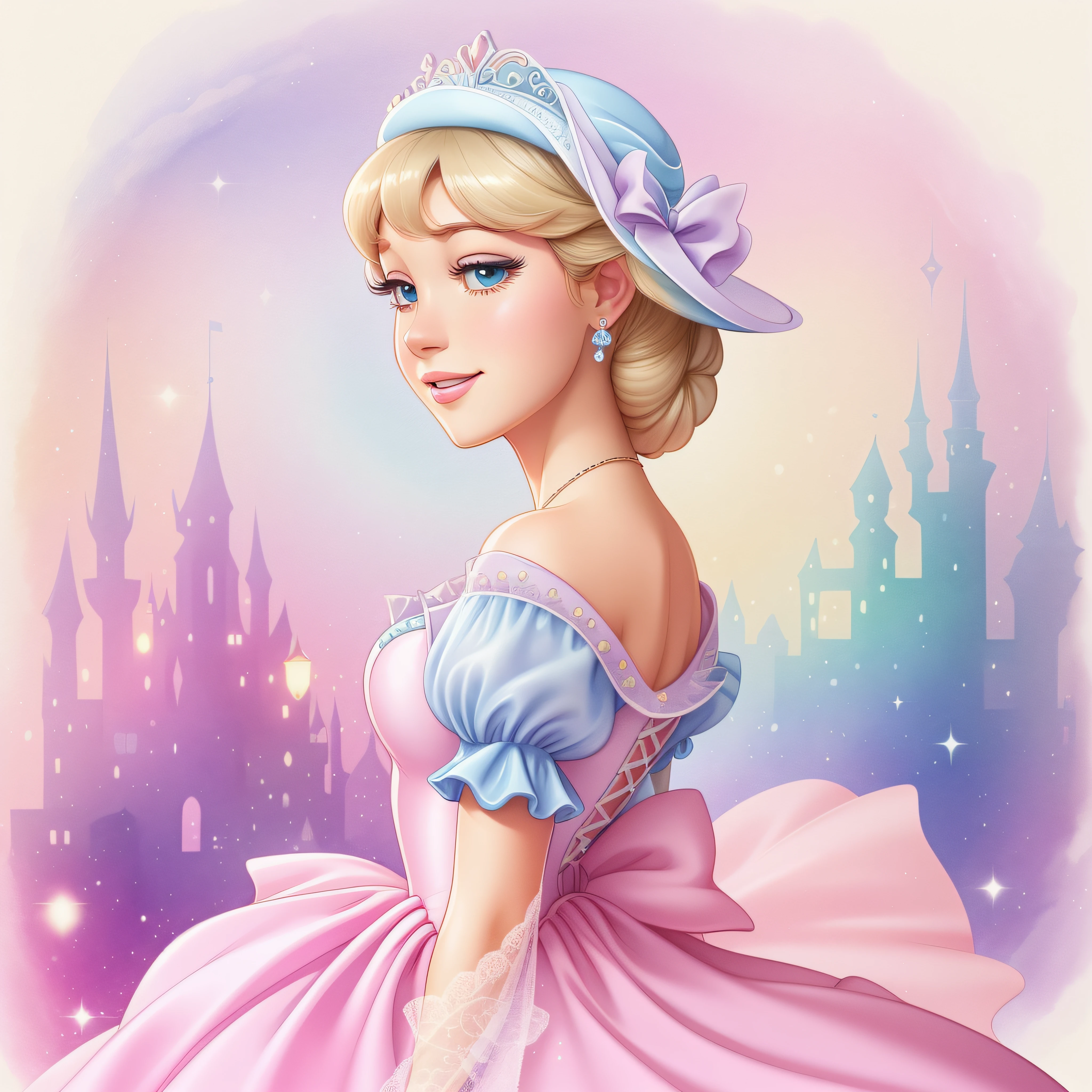 Cute Illustration Clipart (Princess Cinderella with hat in Sara Kay style) em alegre, Light Pastels, estilo Sara Kay, aquarela e flores, pastel-hued,fundo branco, qualidade perfeita, Ultra resolution, imagem 300 dpi, alta resolução, 16 mil, A very high-resolution image