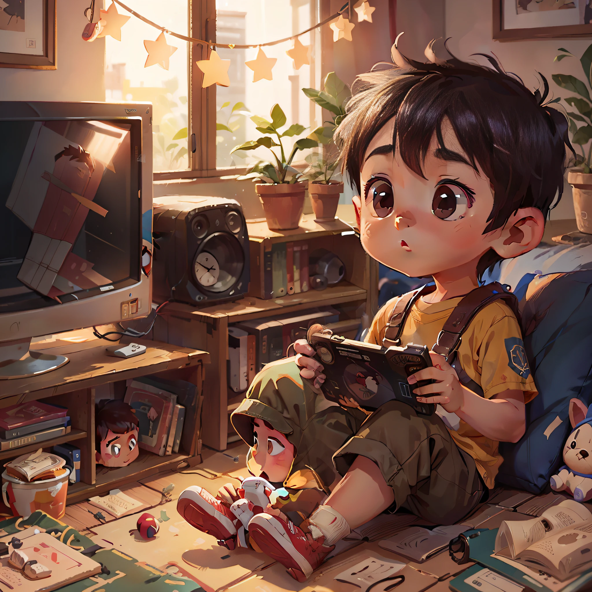 A sitting in front of the TV playing a game,Hold a handle in your hand,on night、