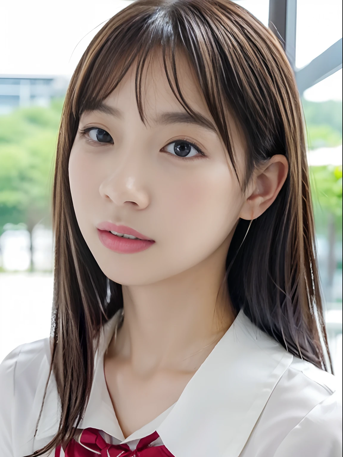 ((cute日本の女の子、beautiful japanese girl、1 girl、clear、19 years old、ponytail、Highly detailed face and skin texture、refinement、super detailed face、highly detailed eyes、Lee Hong、blush、cheek、ピンクのcheekを塗ったcheek、close-up of woman、 from the neck up、 Close to the camera、 positive face、Forward-facing body、look at the camera、front、cute、smooth white skin、Transparent skin texture、))、(dark brown hair、bangs)、beautiful woman with perfect style：1.4、japanese model、young gravure idol、若いcuteグラビアアイドル、Realistic young gravure idol、refinementされたグラビアアイドル、((highest quality、8K、masterpiece:1.3、１photograph))、(4K、RAWphotograph、highest quality)、(realistic、フォトrealistic:1.37)、Place someone on the other side of the screen、Natural light、