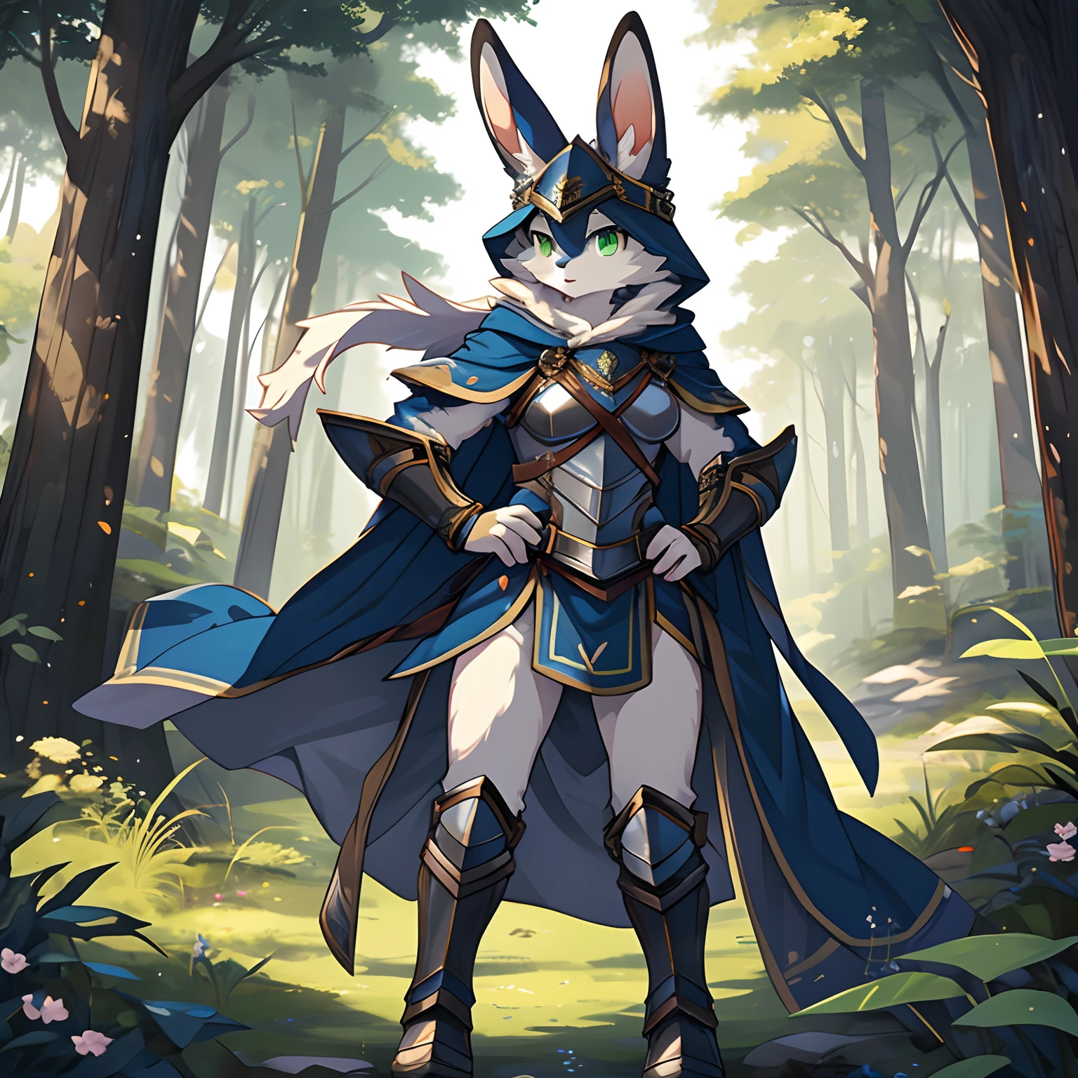 masterpiece, solo, 1girl, Furry, kemono, furry rabbit, anthropomorphic, female, (navy fur, navy skin), green eyes, scale mail armor, blue cloak, forest, uploaded on e621,