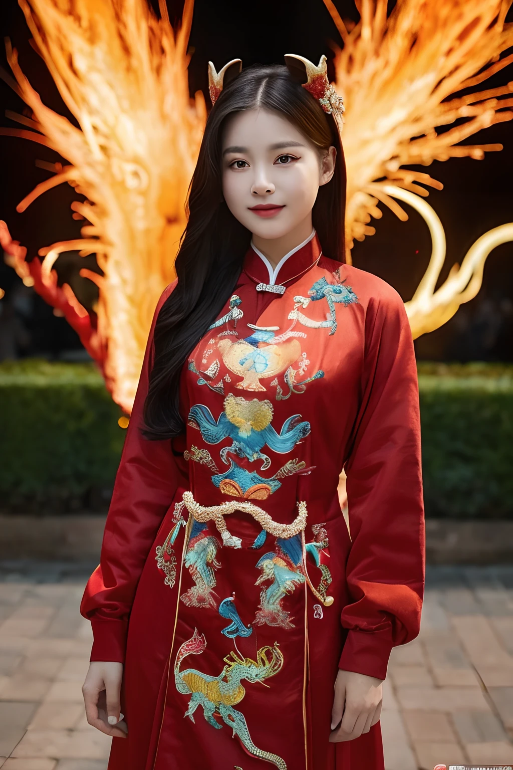 8K, 1 woman,She wore a horse face dress from the Ming Dynasty,The upper body crotch is embroidered with exquisite dragons and phoenixes,Extremely close-fitting,Outline a plump and towering chest,She is beautiful,But too pale,The eye sockets are as black as ink,The pupils are scarlet,and spread a bloody filamentous red glow,Amazing and beautiful