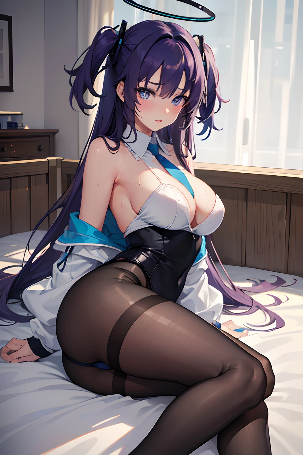 (best quality, masterpiece, highres tyndall effect,photorealistic, dark studio, rim lighting, two tone lighting,(high detailed skin:1.2), 8k uhd, dslr, soft lighting, high quality, volumetric lighting, candid, Photograph, high resolution, 4k, 8k), 1girl , ass , bed sheet , black pantyhose , blue eyes , blush , bound , bound wrists , condom , condom wrapper , halo , heart-shaped pupils , large breasts , looking at viewer , on side , panties , panties under pantyhose , parted lips , purple hair , solo , sweat , two side up , underwear , white shirt, yuuka (blue archive)