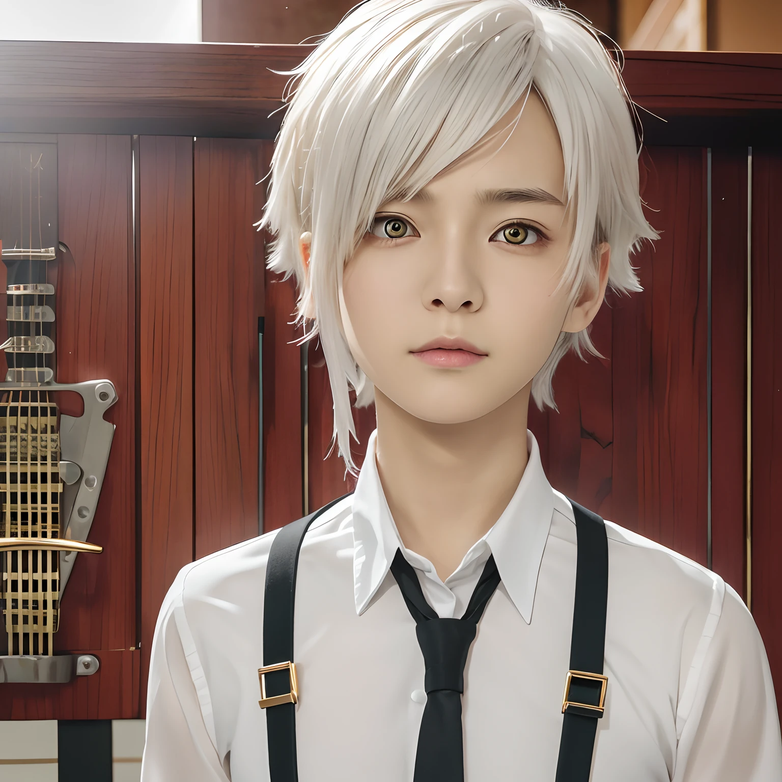 top-quality, 8K, ultra-detailliert, Atsushi Nakajima, One Man, White hair, suspenders, Black tie, 18year old, (Her eyes are golden:1.3), Her eyes are golden