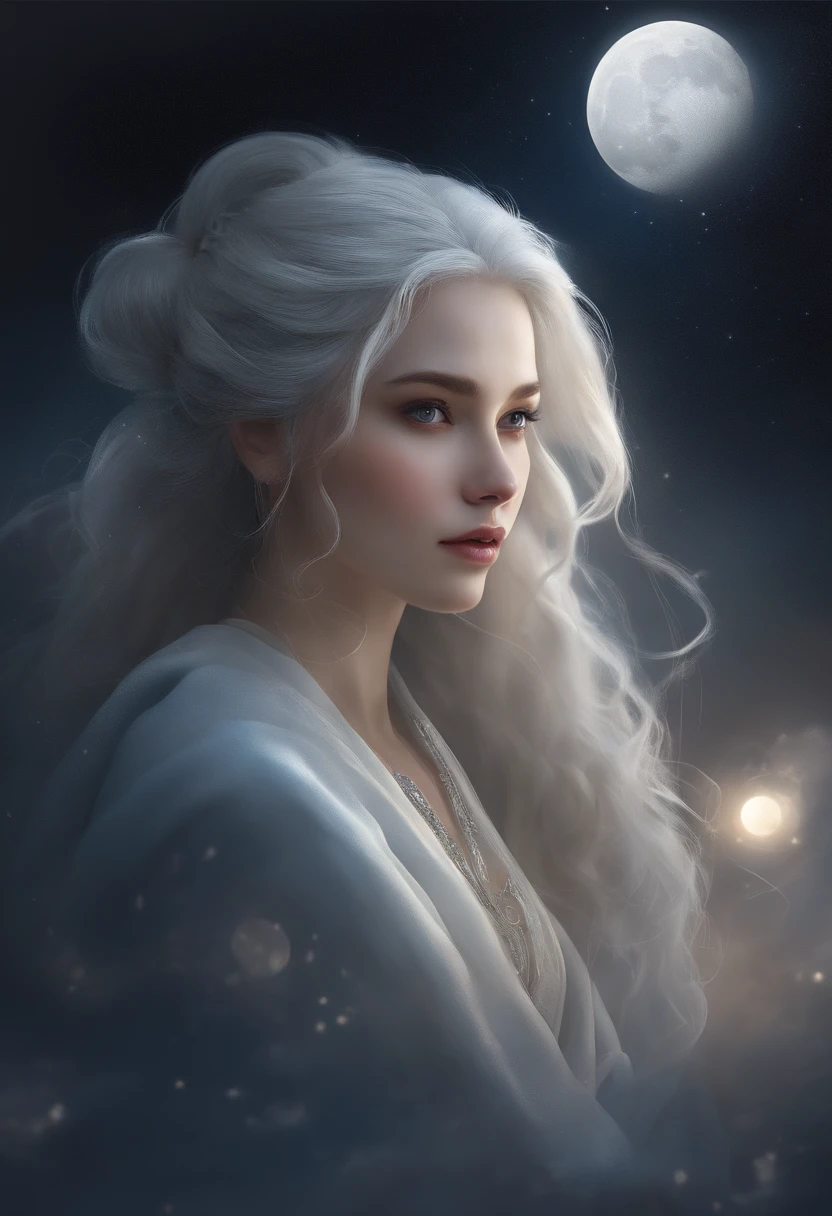 Masterpiece, (Best Quality: 1.2), (Super Fine: 1.2), Illustration, (Extremely Delicate and Beautiful: 1.2), Film Angle, Floating, (Beautiful Detail Eye: 1.1), (Detail Light: 1.1), Film Lights, Delicate Sky, Woman, White Hair, Blue Eyes, (High Ponytail: 1.1), Cloak, Glowing Eyes, (Moon: 1.2), (Moonlight: 1.1), Starry Sky, (Light Particles: 1.1), Fog , snow painting, sketching, blooming