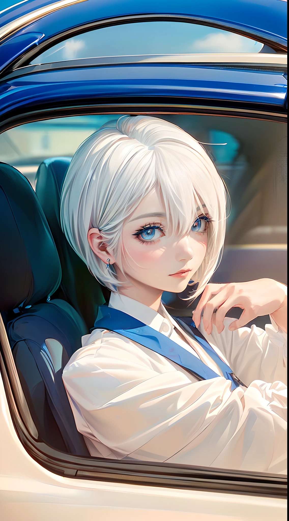 ((4K works))、​masterpiece、(top-quality)、One Beautiful Girl、Slim body、tall、((Cool Fashion))、(Detailed beautiful eyes)、Daytime city、((In the car))、Sit in the passenger seat、guido、Driving、((Stylish cityscape seen from the window、((Face similar to Carly Rae Jepsen))、((Short-haired white hair))、((Smaller face))、((Neutral face))、((Bright blue eyes))、((American adult women))、((Adult female 26 years old))、((cool lady))、((Like a celebrity))、((Gentle expression))、((Korean Makeup))、((elongated and sharp eyes))、((Happy dating))、((boyish))、((Upper body photography))、Professional Photos、((Shot alone))、((He sits in the passenger seat))、((shot from a side angle))、((He sits far away))