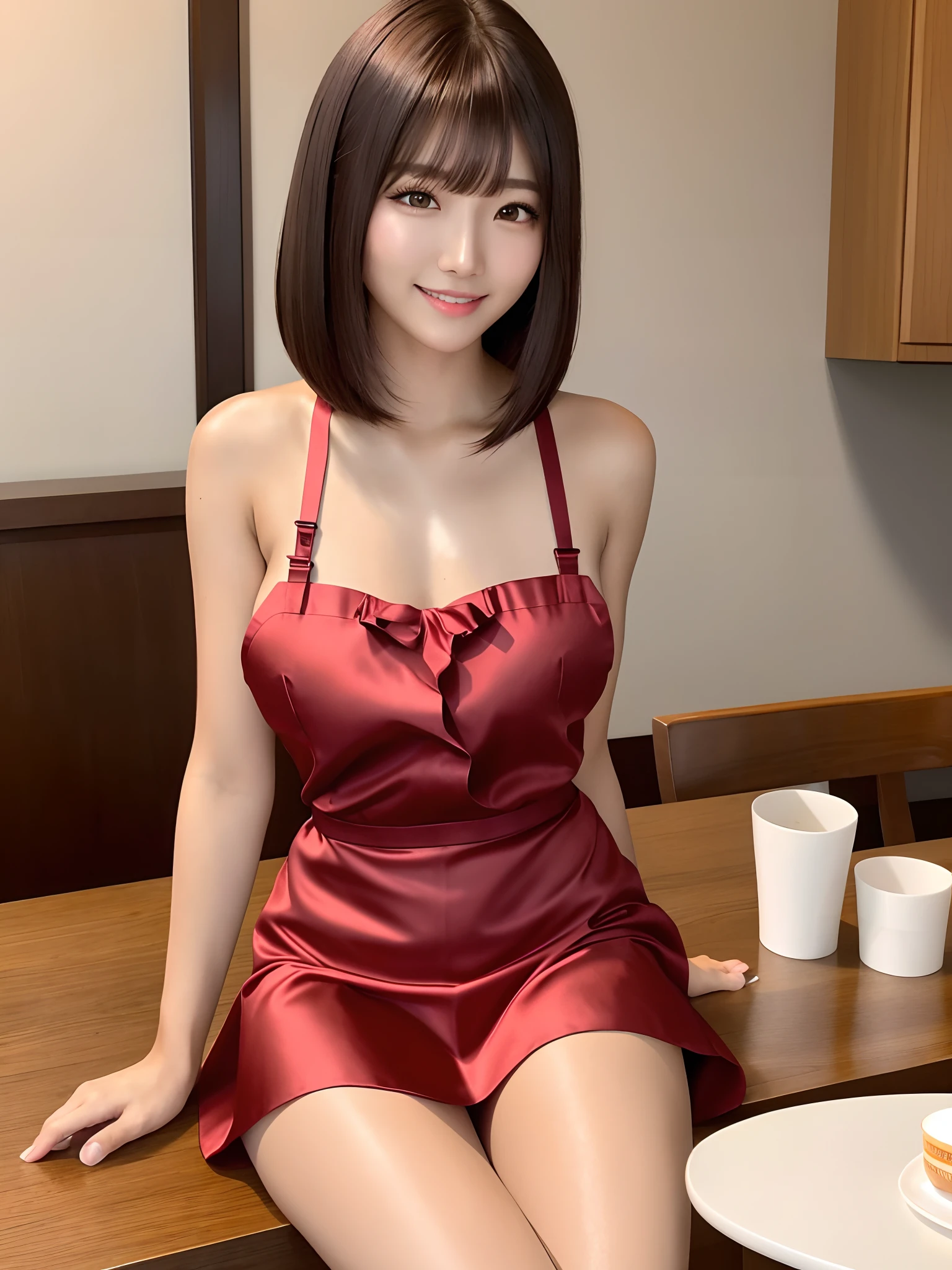 product quality, a cowboy shot, a in front view, 1 girl, a Japanese young pretty woman, hyper pretty face, long bob hair, glamorous figure, big smile, wearing only a short length satin red frilled apron directly over naked, sitting on a chair in front of a dinning table, many dishes on the table, glossy lips, double eyelids in both eyes, natural makeup, long eyelashes, shiny smooth light brown long bob hair, asymmetrical bangs, tanned skin, central image, high resolution, high detail, detailed hairstyle, detailed face, cinematic lighting, octane rendering, hyper realistic, perfect limbs, perfect anatomy