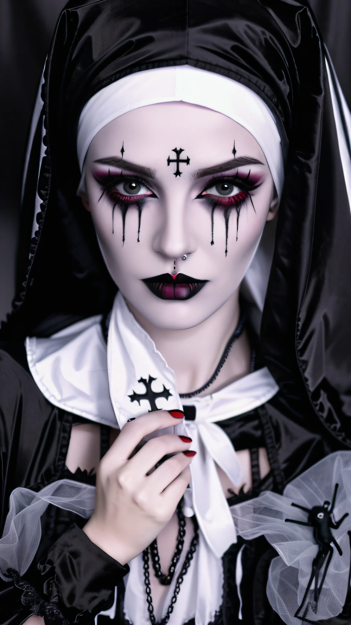 Nun Arafed with cross on face and hands, Vampiros Agora, gothic horror vibes, single scary female vampire nun, Uma freira malvada, Bem Enxoval, goth makeup, Bem Modelo de Moda, goth makeup, vampiro sagrado, wearing goth makeup, androgynous vampire, com olhos esclerais pretos, gothic maiden, gothic art style, Vibrations of evil horror, Gothcore