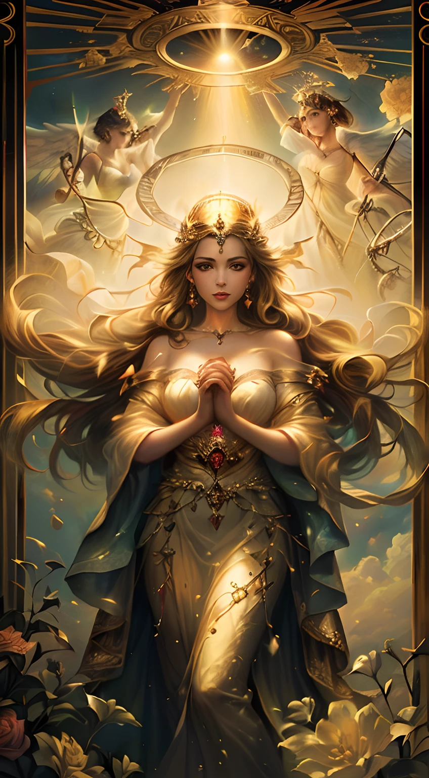 um desenho,The painting shows a woman holding a crown and an angel in her hands, deusa. Detalhe extremamente alto, um retrato deslumbrante de uma deusa, linda deusa de leo, artgerm julie bell beeple, Estilos de arte, Artgerm detalhado, retrato de uma linda deusa, uma linda imperatriz de fantasia, Arte Germe. anime illustration, retrato de deusa,Breasts are sexier
