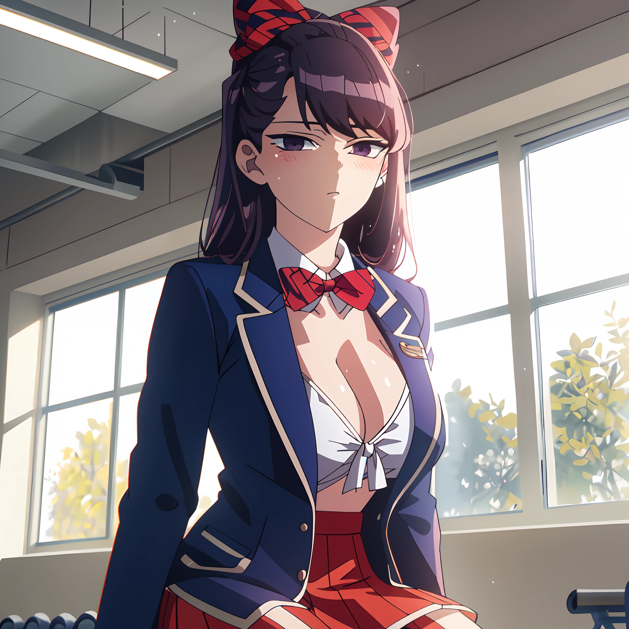 a highly detailed illustration of  kneeling ShokoKomidef ,slim body,slender body,(large breast,sideboob),clevage,adapted school uniform to show side boobs and cleavage,blue blazer with whites shirt and red bow tie,red striped skirt,purple hair,purple eyes,long hair,beautiful cold girl eyes,looking at viewer,soft smile,school gym,gym school interior,school gym court,,infront of the gym storage room,perfect,beautiful,sexy,thicc thighs,,desk,floor,chair,cleavage,anime big eyes,anime face,anime body,long exposure,detailed background,(masterpiece), (best quality), (detailed),detailed face and Clothing,