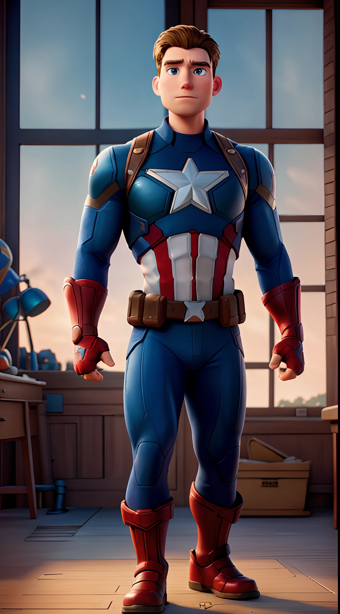Disney Pixar Captain America Marvel, super strong, muscular, ultra details, HDR, UHD,8K