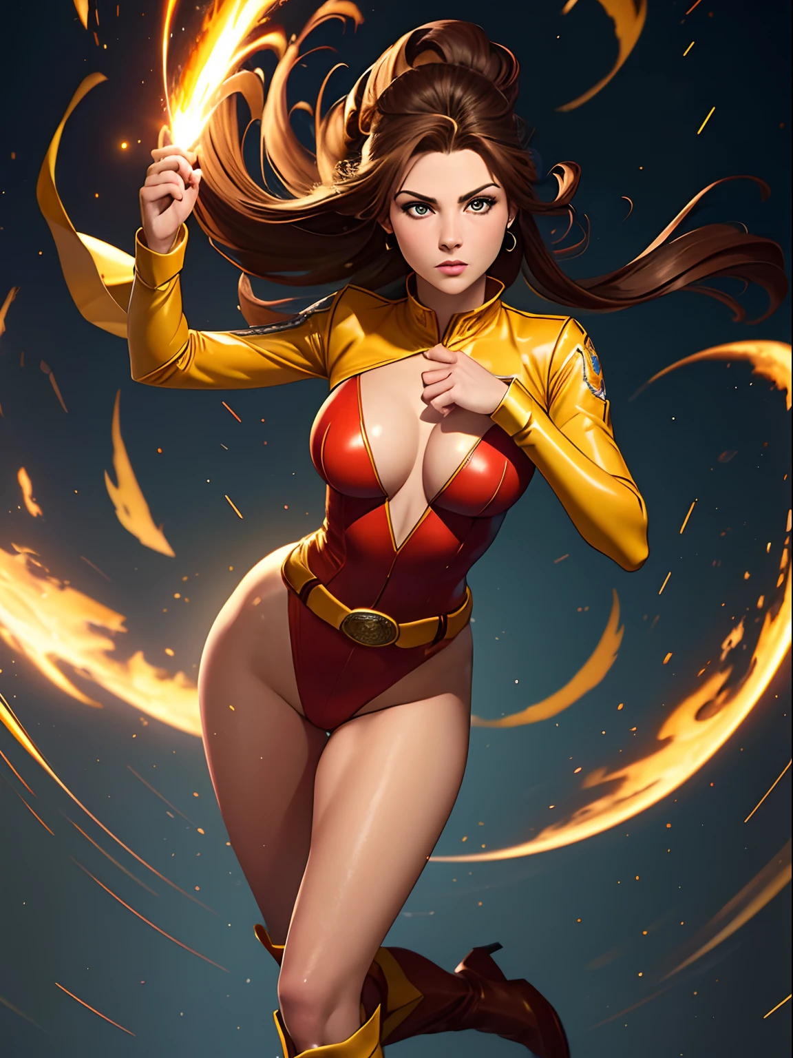 ((best quality)), ((masterpiece)), ((ultra realistic)), (dynamic twirl pose), american, beautiful detailed face, detailed eyes, sexy reporter, dressed in a red leotard, highly detailed, professional, bare legs, (full body costume design), standing, brown hair, medium hair, green eyes, yellow knee boots, long blue sleeves with red cuffs, yellow belt, yellow hawk-shaped crest engraved on chest, cowboy shot, spinning energy pulse, light particles, wind swirls, spinning blur, spinning tornado, super spin, time travel, tornado spin