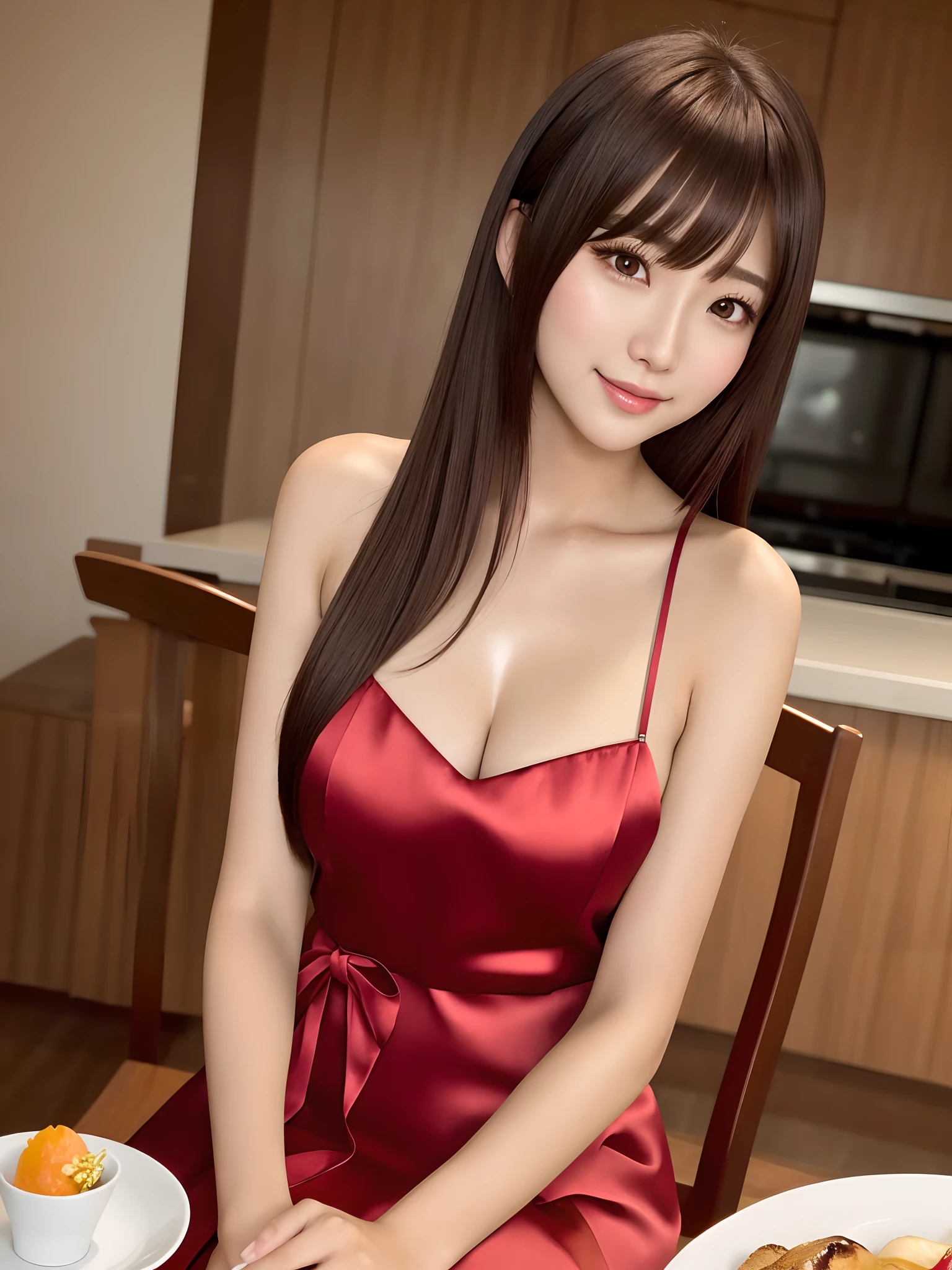 ​masterpiece、1 girl per 1 photo、FULL BODYSHOT、Straight front view、Japan young cute girl sitting alone on hotel bed、Gorgeous figure、Wearing shiny satin red silk chemise、With smiling eyes、hyper cute face、shiny lip、Sweaty body、Double eyelids in both eyes、natural make up、Long bob hair shiny smooth light brown hair、 asymmetrical bangs、skin tanned、image in center、8K分辨率、high detal、detailed hairstyle、A detailed face、spectacular movie lighting、rendering octane、with a vibrant、Ultra-realistic、Perfect limbs、perfect anatomia