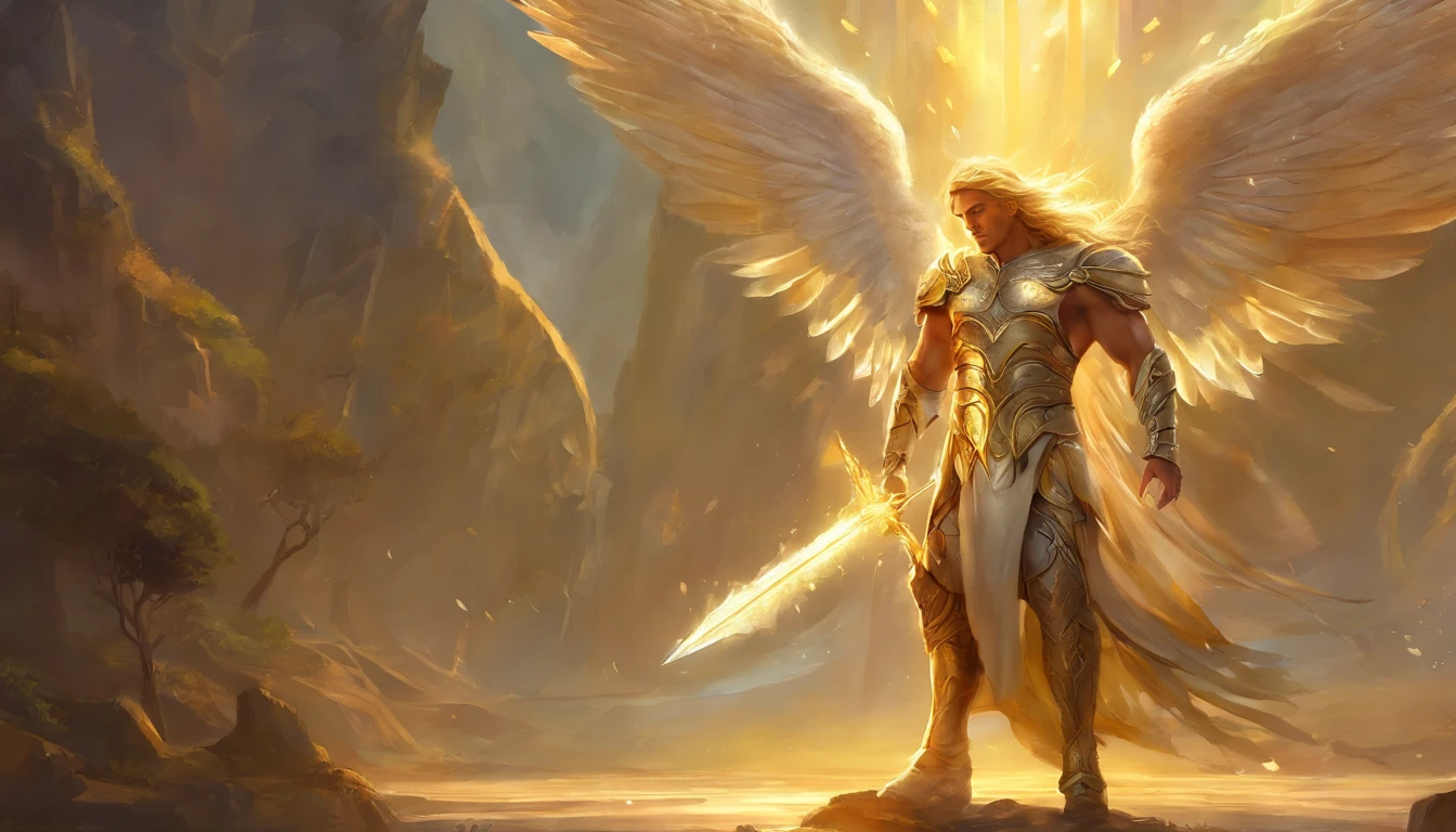 A muscular, blond, long-haired male angel wearing gold armor plucking his own wings with pained expression