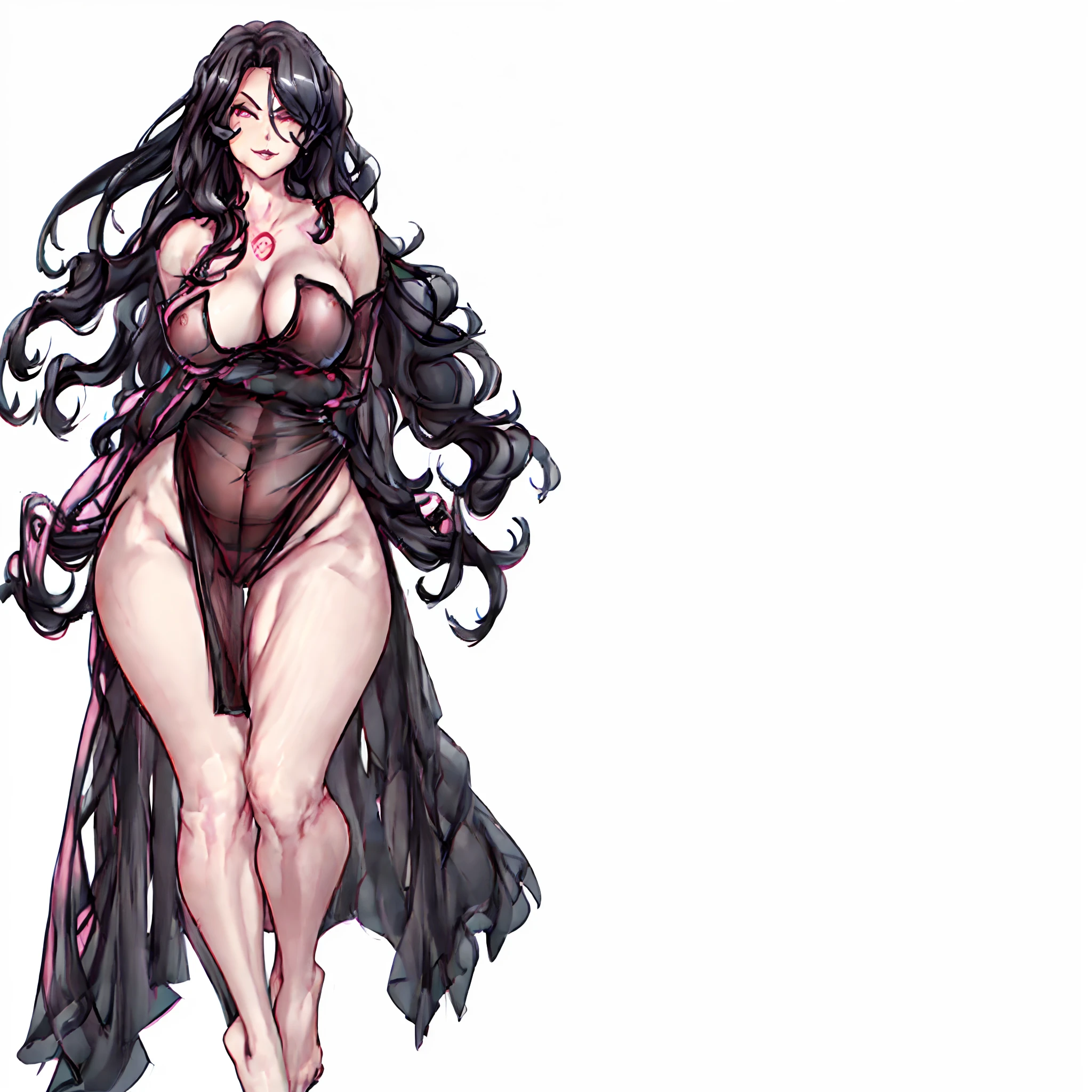 (((masterpiece, best quality, extremely detailed, ultra-detailed, intricate details, ))), (((CHARACTERSHEET:1.4, reference sketch))), (((1women, solo, full body))), ((( mature women:1.2, alluring proportion, plump))), ((hypersexual:1.5, eroticism:1.2)), (((long black hair))), ((large breast)), (((black single leg see-through bodysuit:1.2, sexy exposed fetish))), (((one bare leg:1.5))), ((bare arms, one bare shoulder)), ((perfect hands)), ((seductive stare, insidious)), ((seductive smile:1.2)), ((pink eyes, eyeliner)), ((toeless)), ((flirting)), ((heavy breathing)), ((barefoot)), ((perfect lips, wide hip, thin waist)), (((view from long distance))), simple background illustration, white flat background