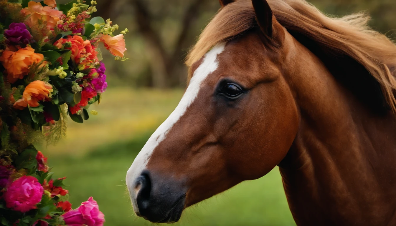 Horse head with flowers and wood around mane, flores delicadas, textura de madeira detalhada, cores realistas