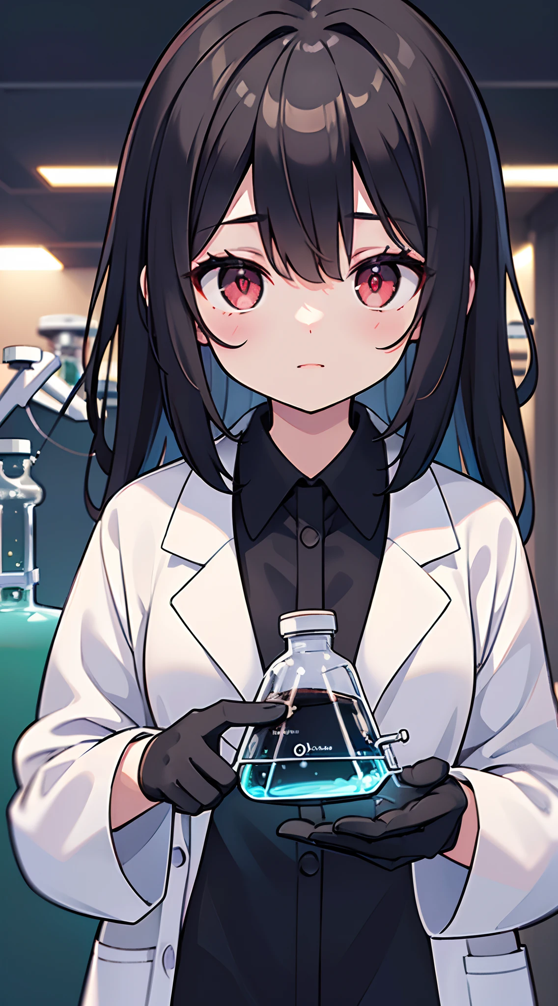 high res, (masterpiece:1.6), (best quality:1.4), best illustration, best shadow, depth of field, detailed eyes, sharp pupils, best dark, beautiful, detailed face, 1girl, (Scientist:1.9), atheist, droopy long black hair, dark hair, dress pants, 8k, high definition, black gloves, crimson eyes, large lab coat, (black lab coat:1.3), Petite stature, short height, (chemist), (dark and large chemistry lab:1.5), chemistry vats in background