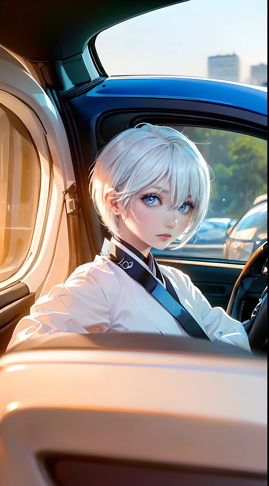 ((4K works))、masterpiece、(top-quality)、One Beautiful Girl、Slim body、tall、((Cool Fashion))、(Detailed beautiful eyes)、Daytime city、((In the car))、Sit in the passenger seat、guido、Driving、((Stylish cityscape seen from the window、((Face similar to Carly Rae Jepsen))、((Short-haired white hair))、((Smaller face))、((Neutral face))、((Bright blue eyes))、((American adult women))、((Adult female 26 years old))、((cool lady))、((Like a celebrity))、((Gentle expression))、((Korean Makeup))、((elongated and sharp eyes))、((Happy dating))、((boyish))、((Upper body photography))、Professional Photos、((Shot alone))、((He sits in the passenger seat))、((shot from a side angle))、((He sits far away))