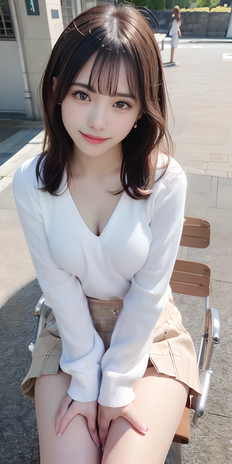 masutepiece, Best Quality, Ultra-detailed, finely detail, hight resolution, 

Raw photo, (8K Highest Quality、​masterpiece:1.2),
(intricate detailes:1.4),
(Photorealsitic:1.4),
octane renderings,
Complex 3D rendering ultra detail, 
Studio Soft Light, 
Rim Lights, 
vibrant detail, 
super detailing, 
realistic skin textures, 
Detail Face, 
Beautiful detail eyes, 
Very detailed CG Unity 16k wallpaper, 
make - up, 
(detailedbackground:1.2),
((Photorealsitic:1.4, Raw photography, 超A high resolution,Top image quality: 1.4)), 
Wallpaper, 
very detailed and professional lighting,
((Random blurry background)), 

((Perfect whole body configuration1.5)), 
((((23-year-old girl :1.5)))) 
((Beautiful detailed eyes, Natural Color Lip,Clean face、Gaze staring at the camera,Lashes,big eye,Distinct double eyelids,Tear mole,glowy skin,Clean skin quality,lipgloss)),
((breastsout、under look eyes、Mole on the arm:1.5)), 
((A big smile:1.5)),
((Random and cute facial expressions:1.5)),
((Random and cute hairstyles)), 
shinny skin, 
Full body、
cleavage of the breast,((no-bra:1.5)),
((Camera work from below))
((large breasts size)), 
((Long sleeve shirt with border:1.5)),
((Micro mini skirt with thigh visible:1.5)), 
((Sit on a chair、cross one's legs:1.5)), 
((Bright sunshine in Tokyo:1.5)), 
((Wink)), 
((Dark brown long boots)), 
((Holding the jacket in your hands))