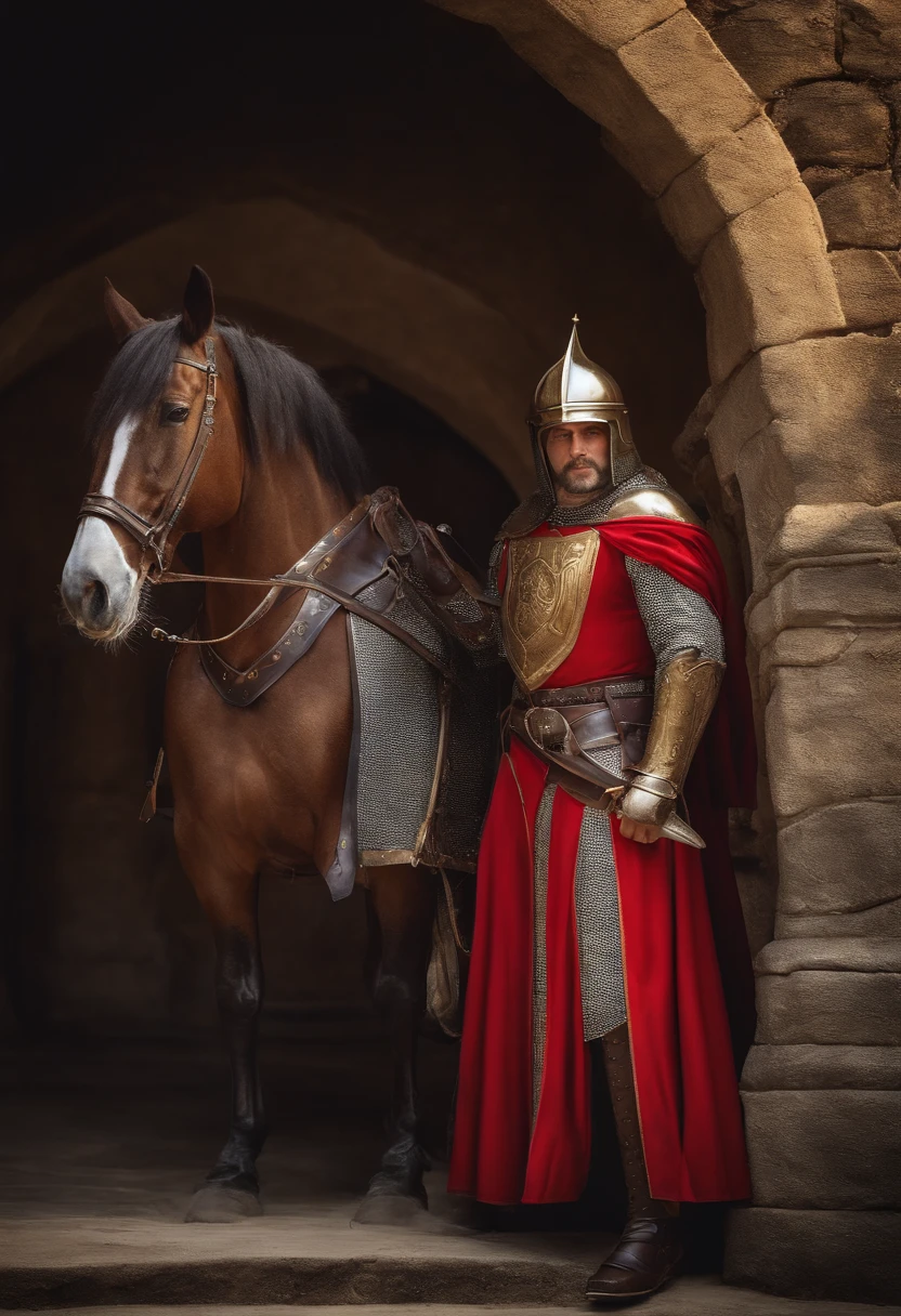 ((melhor qualidade, profesional lighting, 8k, animification)) 1 homem, cavalheiro, armadura pesada, armadura dourada e preto, espada grande, espada detalhada, paisagem castelo medieval, sem capacete, paisagem detalhada, armadura detalhada, brilho,