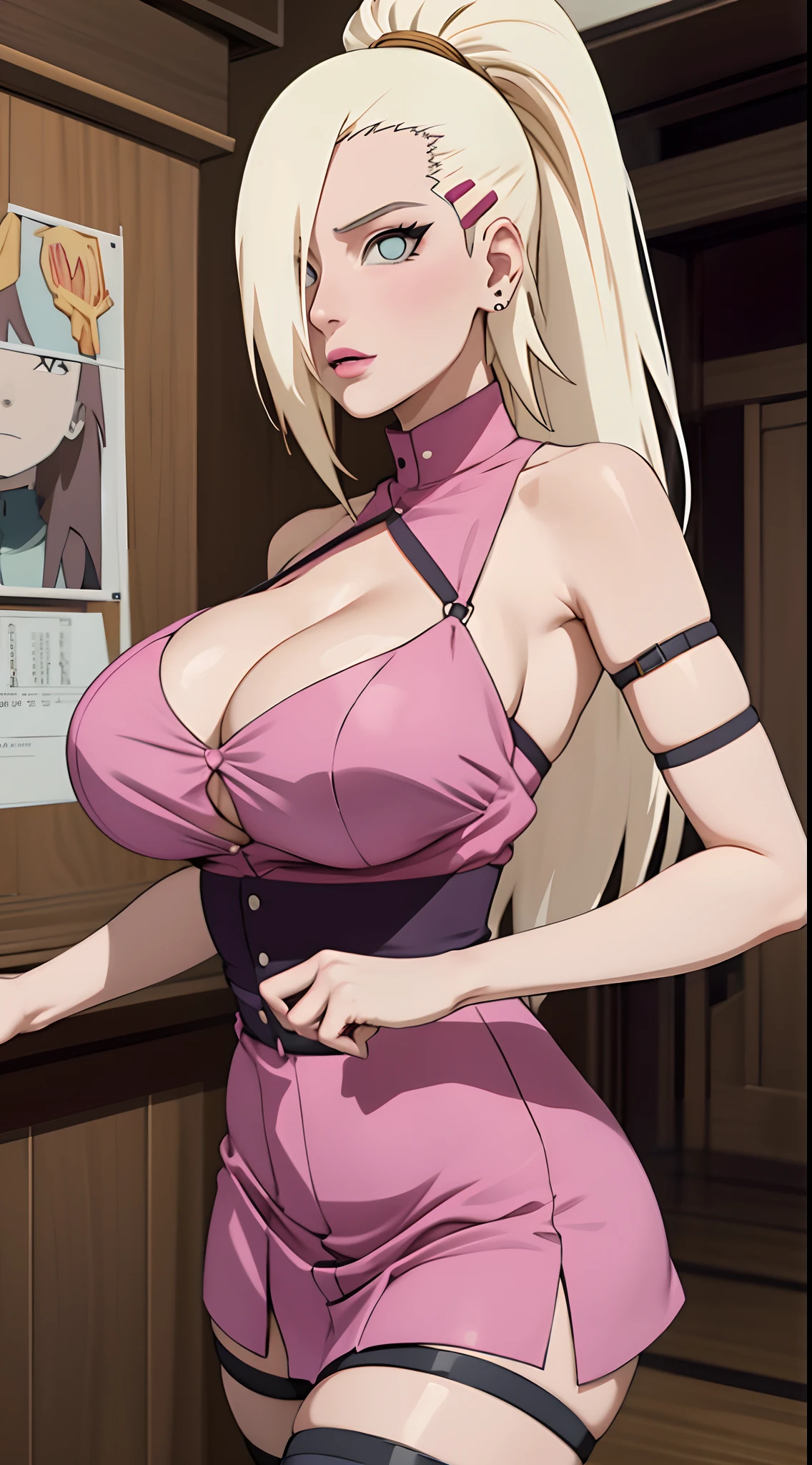 ino yamanaka, spaghetti strap shirt,high waist short skirt, big breast, (pink lips), seductive expression, thighhighs