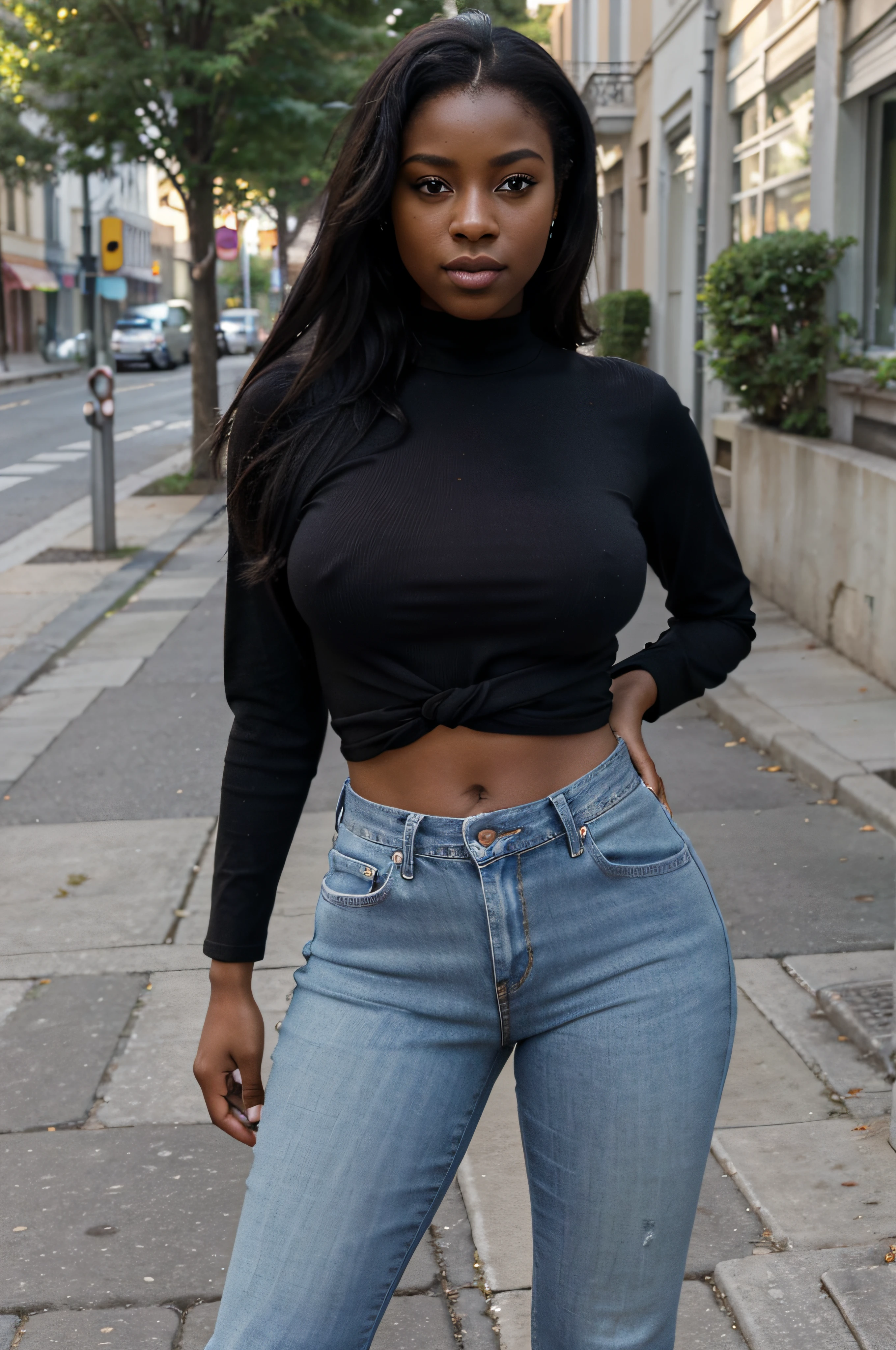 Masterpiece, 4K, High quality, Realistic, Life like, Ebony, Dressed like the 1970's, Tight shirt, Tight jeans, Beautiful, Sexy, Gorgeous, Beautiful big eyes, Sexy pose, Looking at viewer, On sidewalk, Sunny day, She's happy.