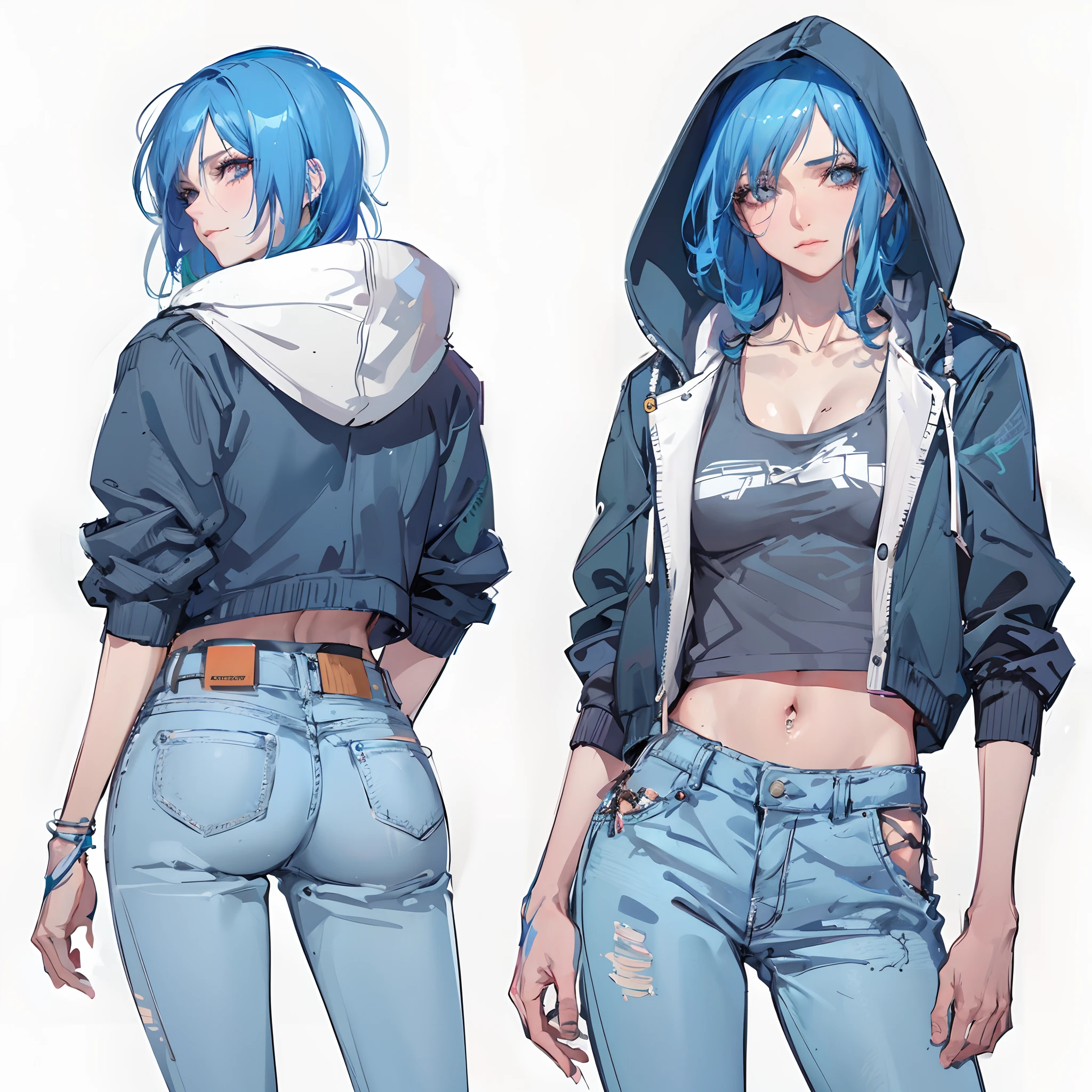 There's two women with blue hair and blue jeans, Garota de anime cyberpunk com capuz, Lois van Baarle e Rossdraw, personagem estilo anime, Estilo Ross Tran, estilo anime moderno, fanart ****** urbana, 2 d estilo anime, Modelo IG | Artgerm, No estilo de Ross Tran, arte detalhada do personagem de anime, ****** de anime cyberpunk feminino, estilo Artgerm