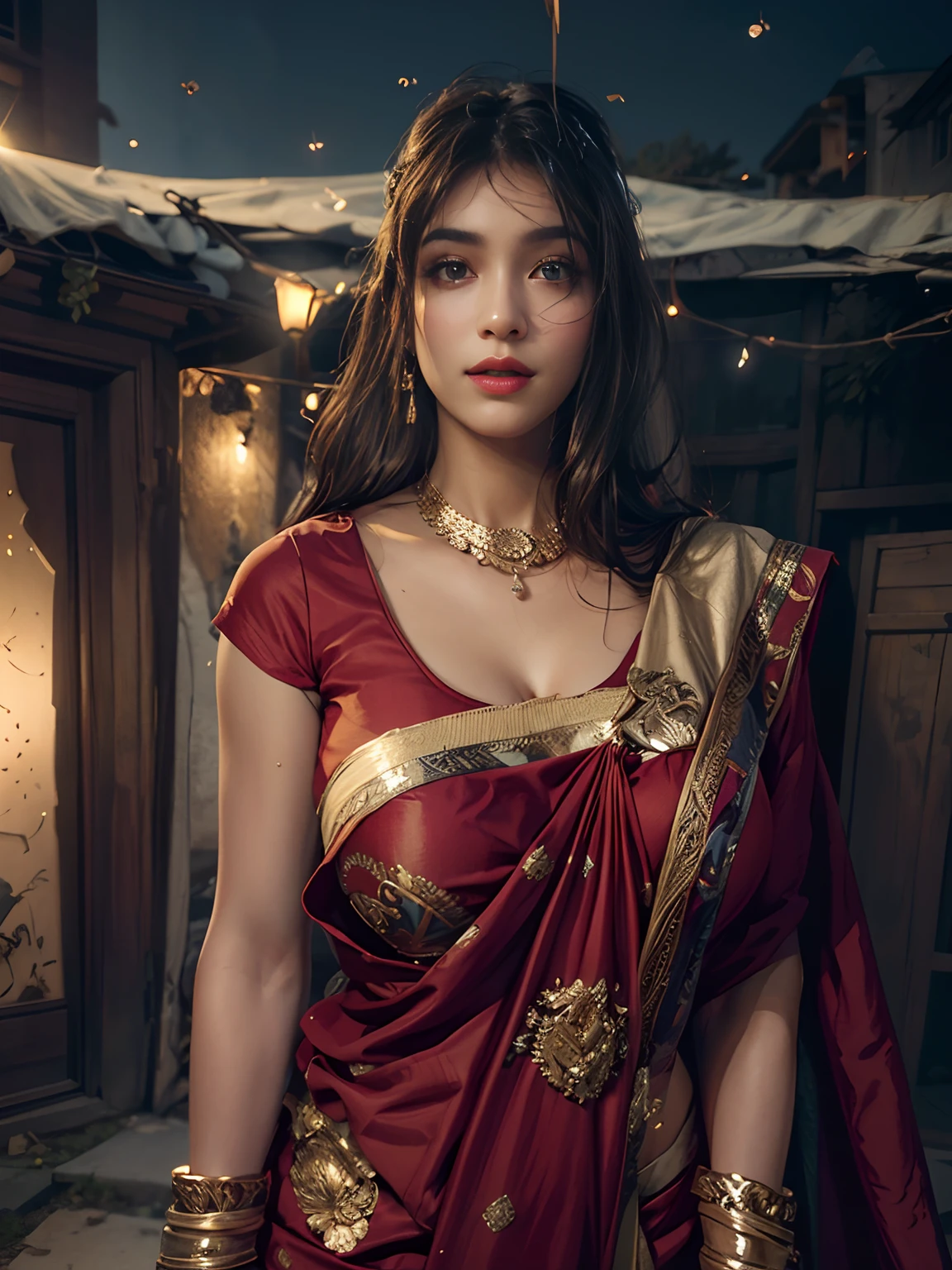 walking in a moonlit courtyard, exotic girl, indian, looking at the viewer, shining skin, perfect lighting, the embodiment of grace and elegance, (saree and bra), (Big Tits:1.5), cleavage, clear curvy details, beautiful curves, detailed eyes, detailed pupil, volumetric lighting, Ultra Detailed, unity 8k wallpaper, ultra detailed, aesthetic, masterpiece, best quality, photorealistic