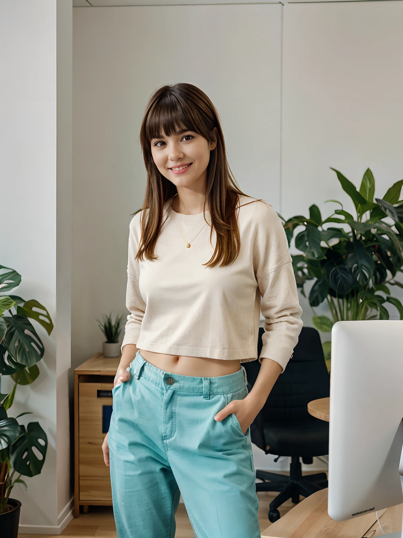 RAW Photo, DSLR BREAK a adult woman with bangs, (light smile:0.8), (smile:0.5), wearing relaxed shirt and trousers, casual clothes, (looking at viewer), focused, (modern and cozy office space), design agency office, spacious and open office, Scandinavian design space BREAK detailed, natural light