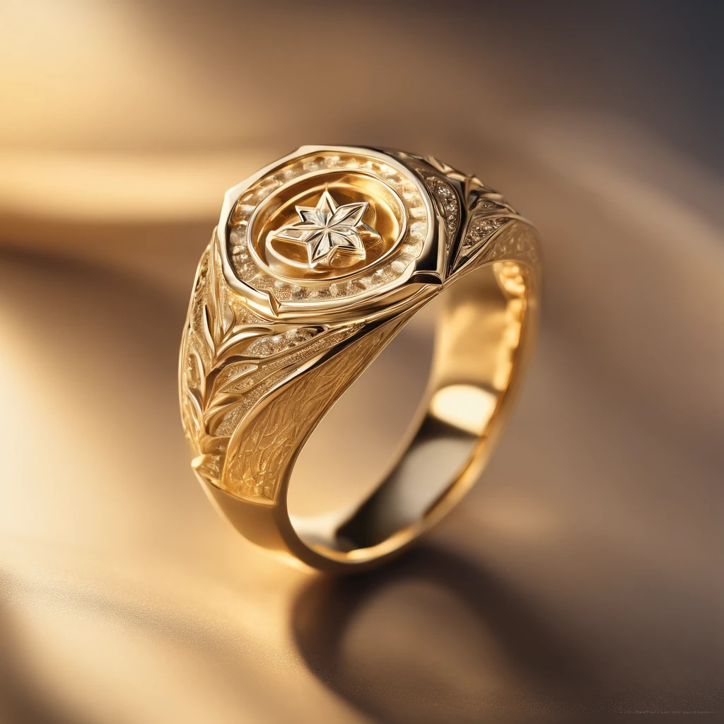 （（Ring design concept art）），Yellow gold ring，（Ring concept blueprint），（（Wavy ring ring）），Engraved with a five-pointed star，（exquisite craft），Hemming，Natural sunlight，Shining Effect