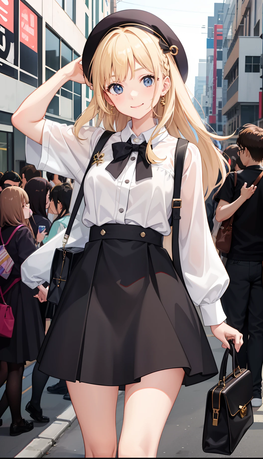 1girl in、A smile、The shirt、Blouse、skirt by the、(small tits)Chilarism、movement、blonde hair、