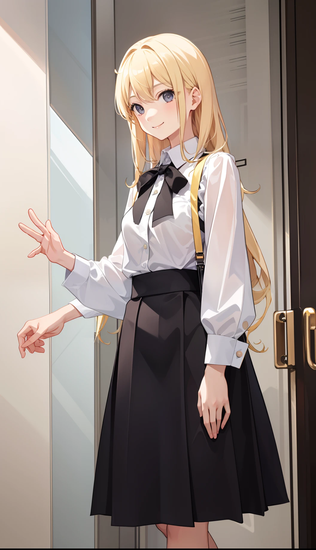1girl in、A smile、The shirt、Blouse、skirt by the、(small tits)Chilarism、movement、blonde hair、